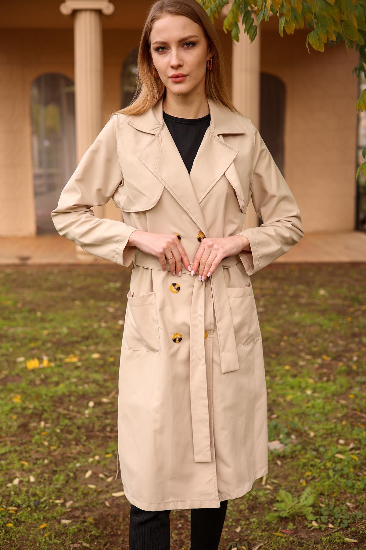 7318A Cepli Kemerli Trençkot Bej - 3