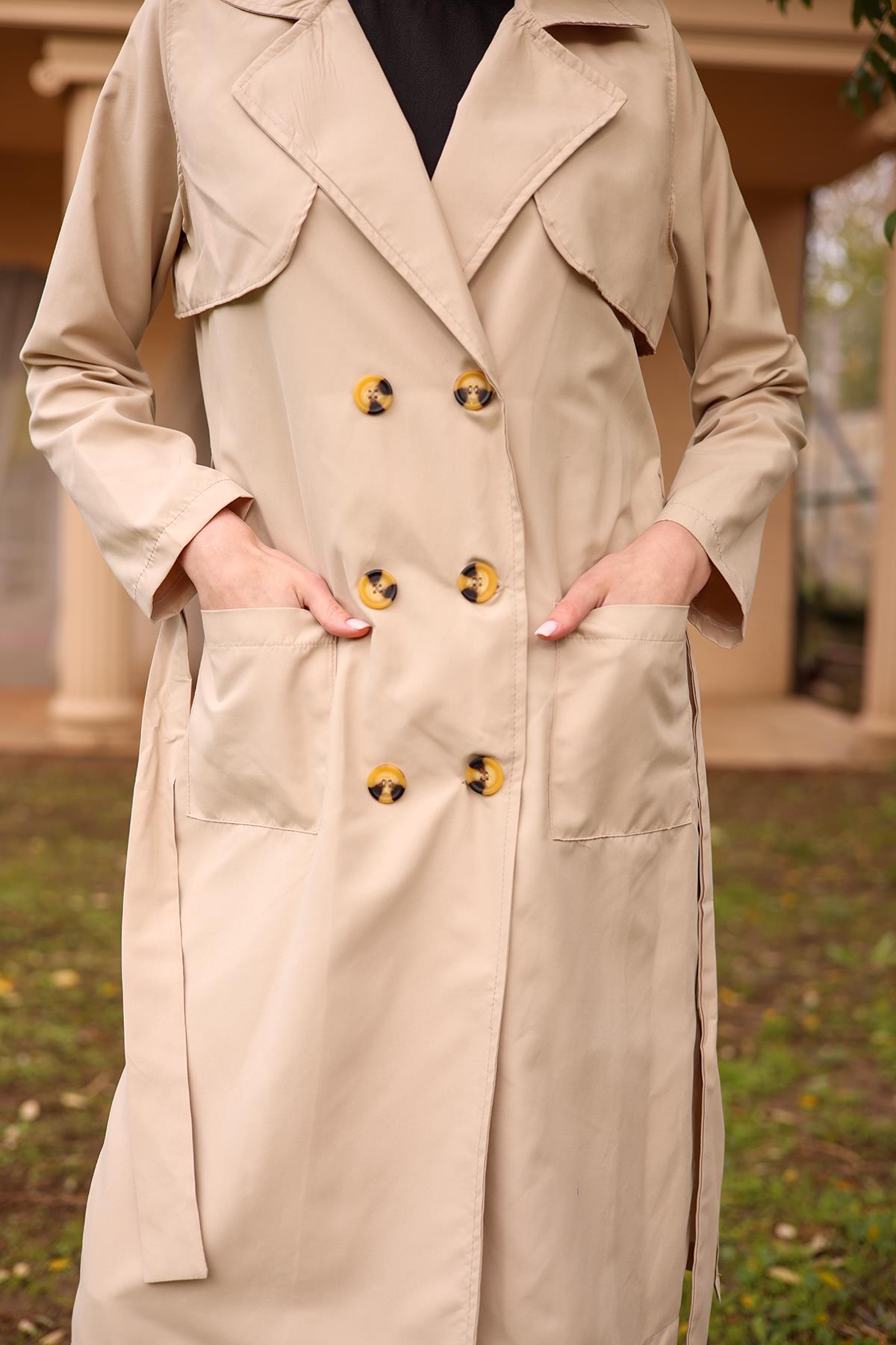 7318A Cepli Kemerli Trençkot Bej - 4