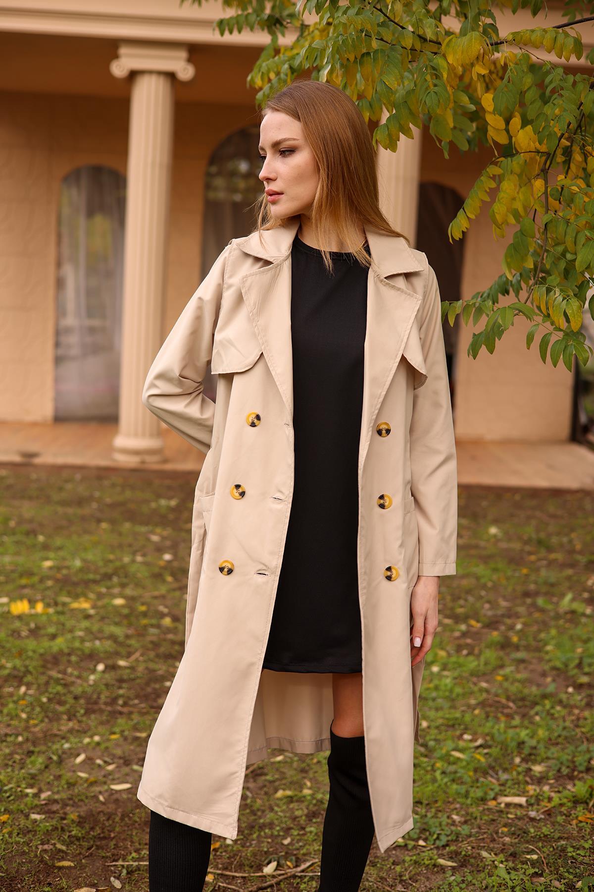 Bej Cepli Kemerli Trençkot 7318A - 5