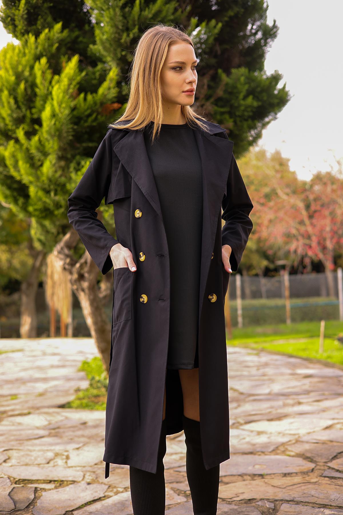 7318A Cepli Kemerli Trençkot Siyah - 4