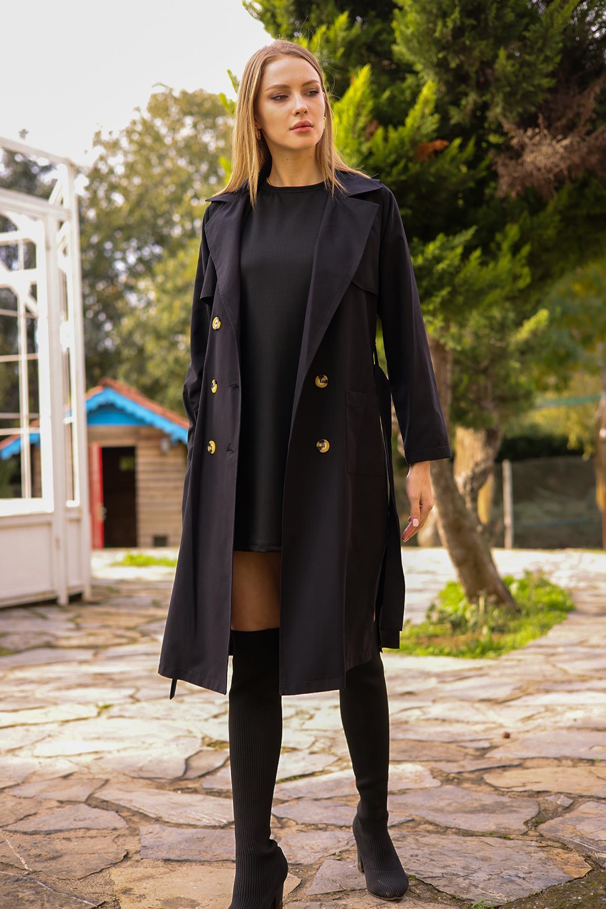 7318A Cepli Kemerli Trençkot Siyah - 3