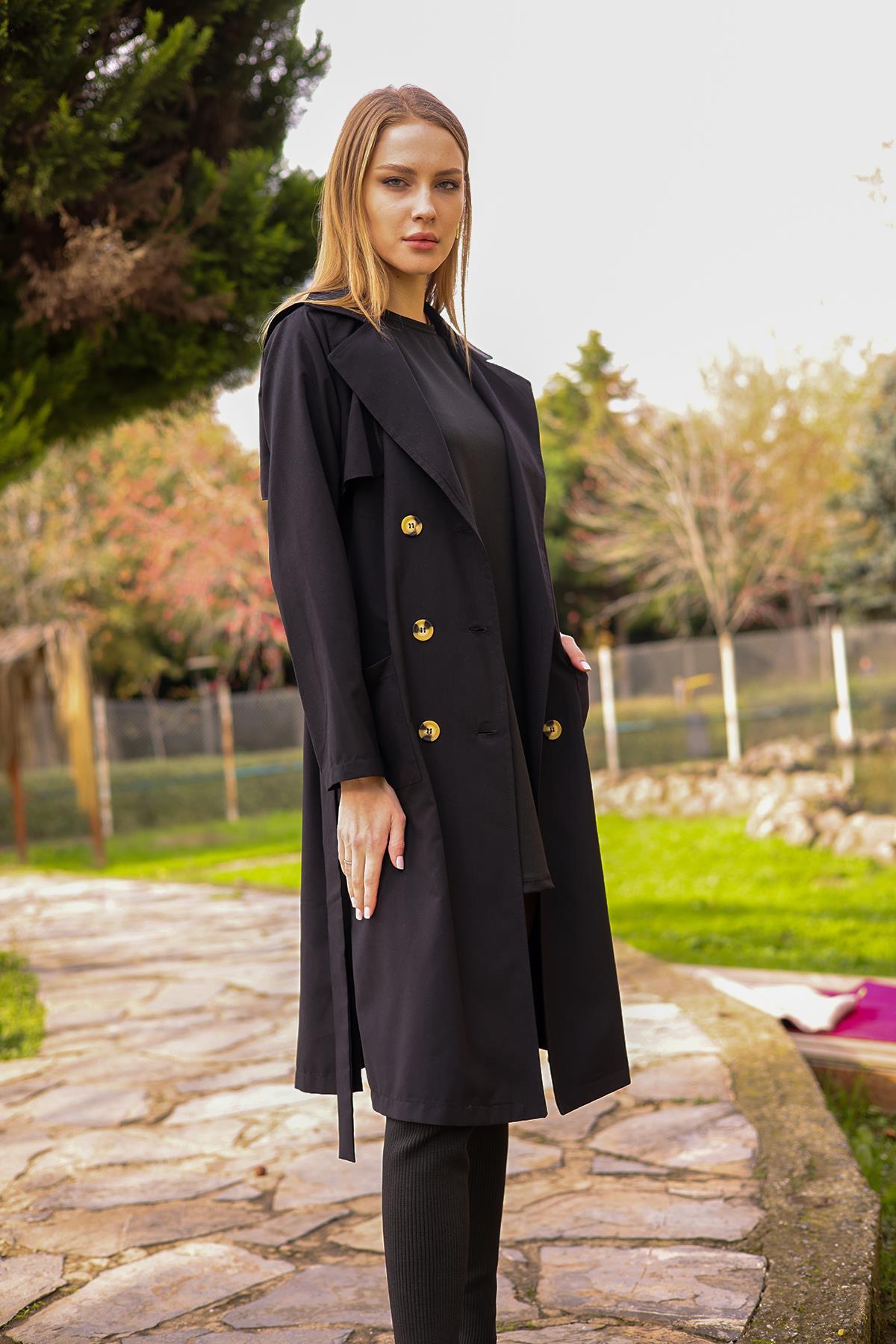 7318A Cepli Kemerli Trençkot Siyah - 5