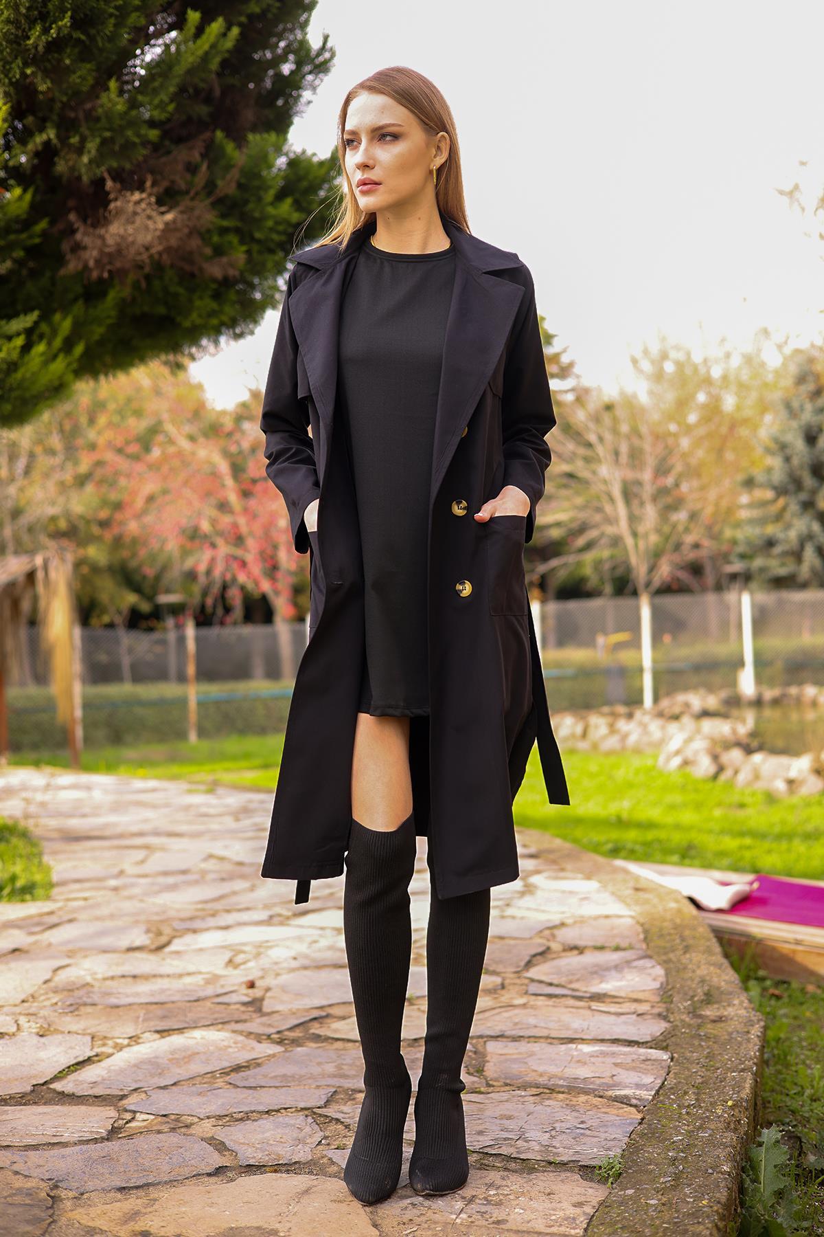 7318A Cepli Kemerli Trençkot Siyah - 6