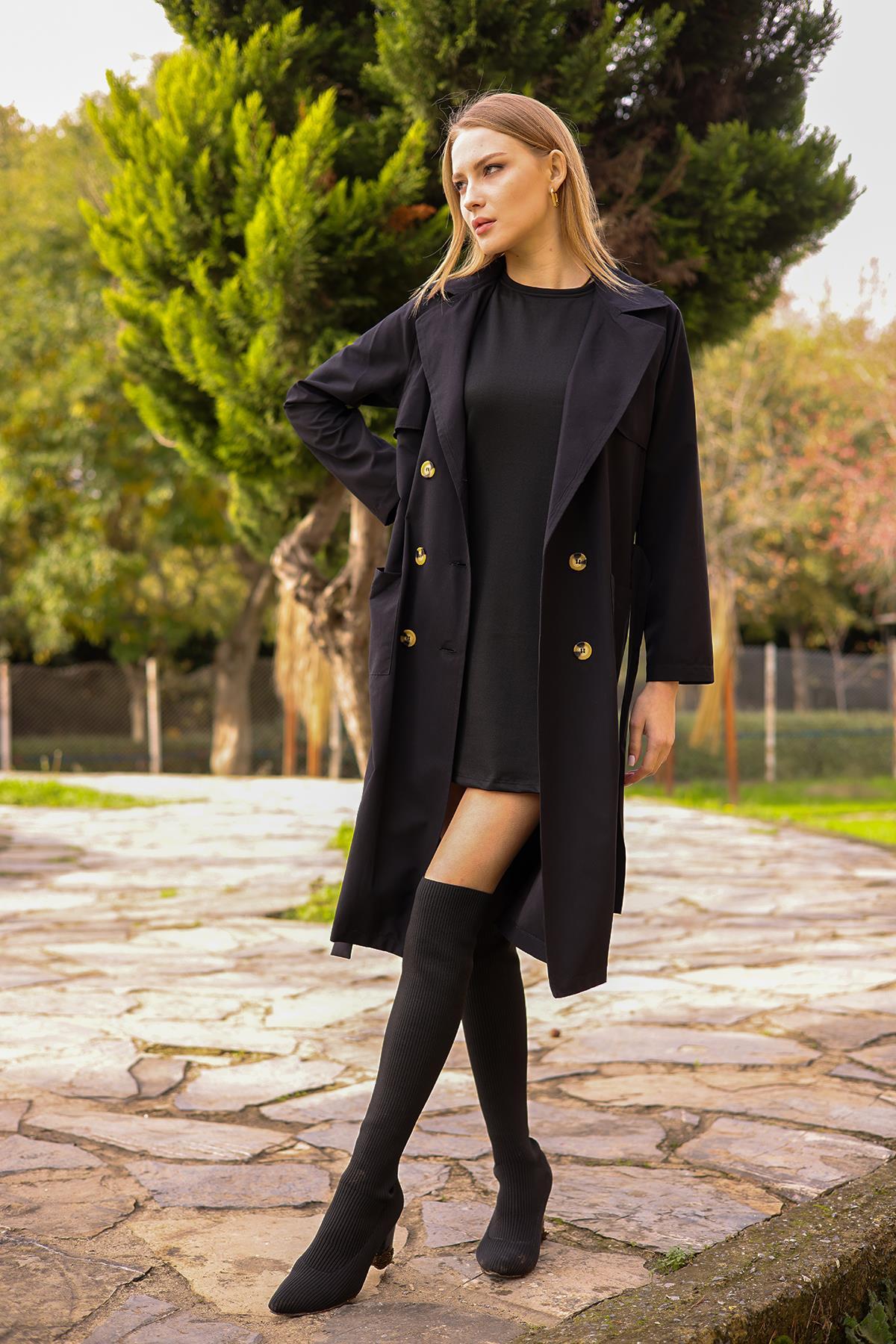 Siyah Cepli Kemerli Trençkot 7318A 