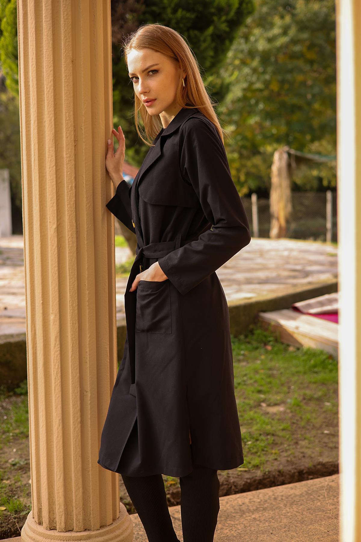 Siyah Cepli Kemerli Trençkot 7318A - 2