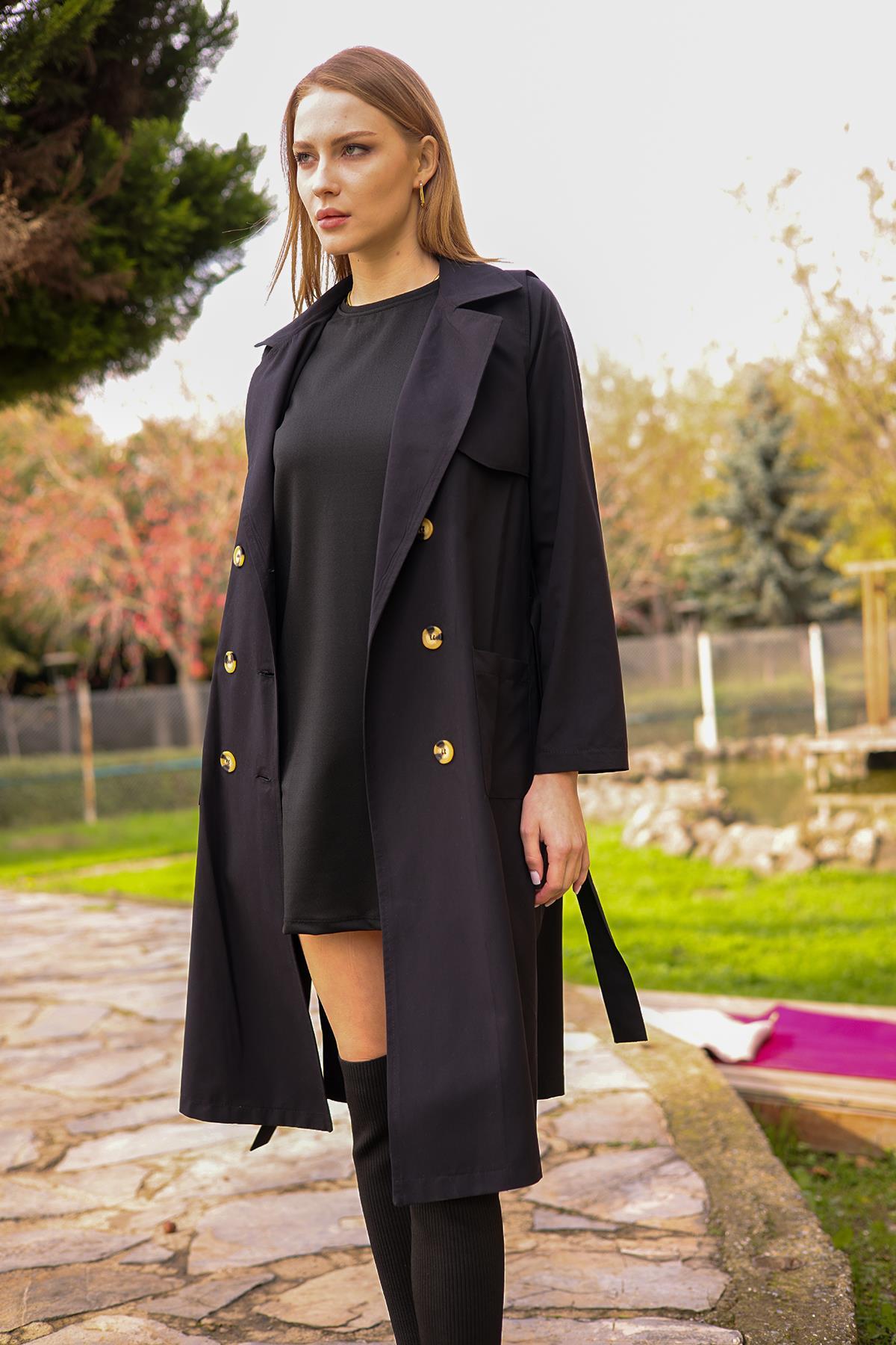 Siyah Cepli Kemerli Trençkot 7318A - 7