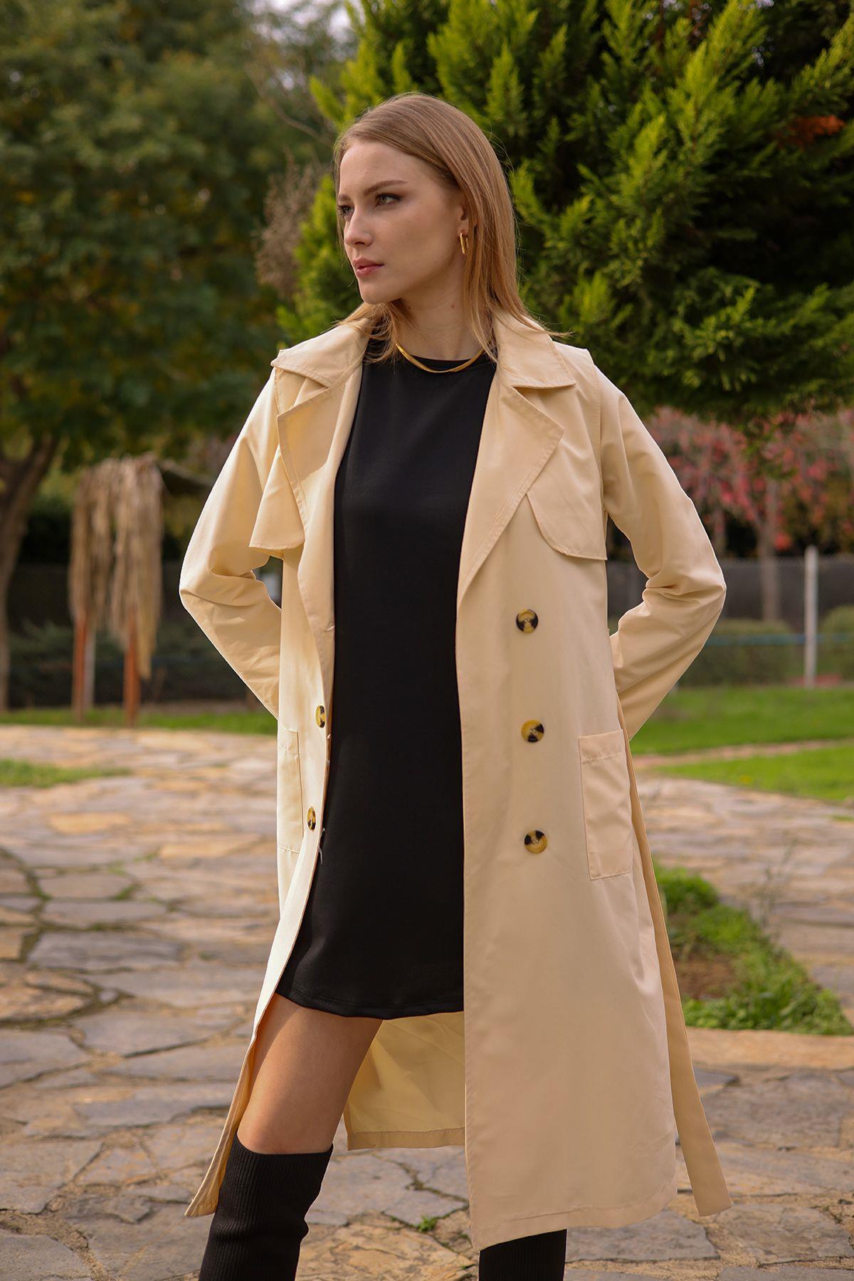 Taş Cepli Kemerli Trençkot 7318A - 7