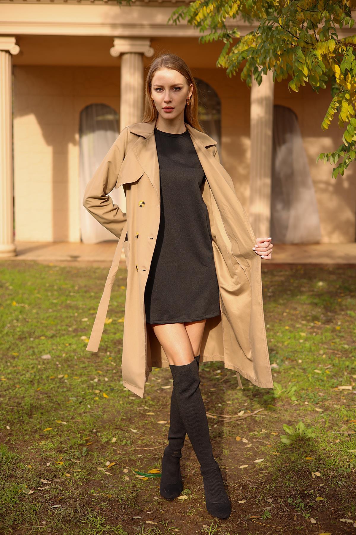 7318A Cepli Kemerli Trençkot Vizon 