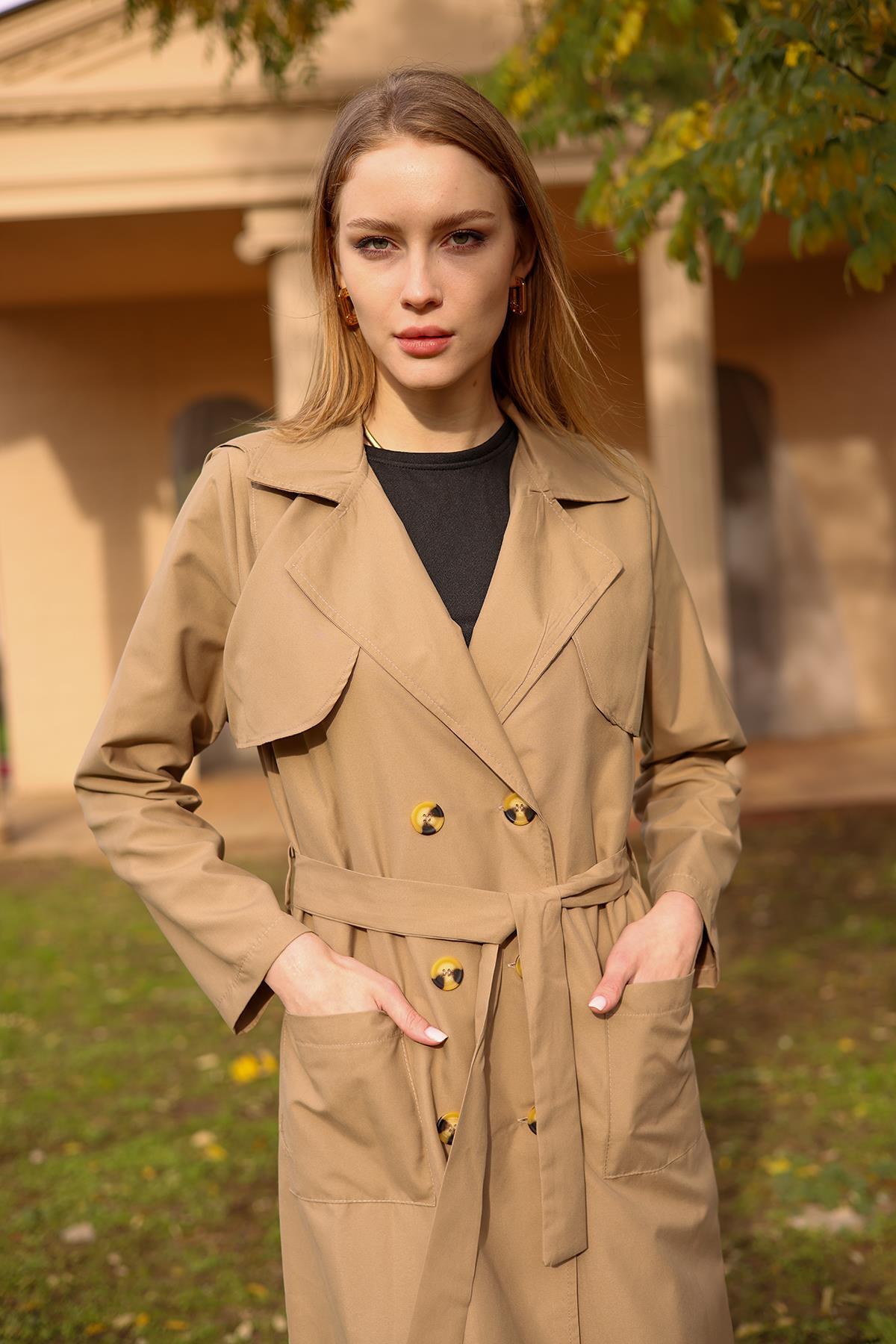 7318A Cepli Kemerli Trençkot Vizon - 3