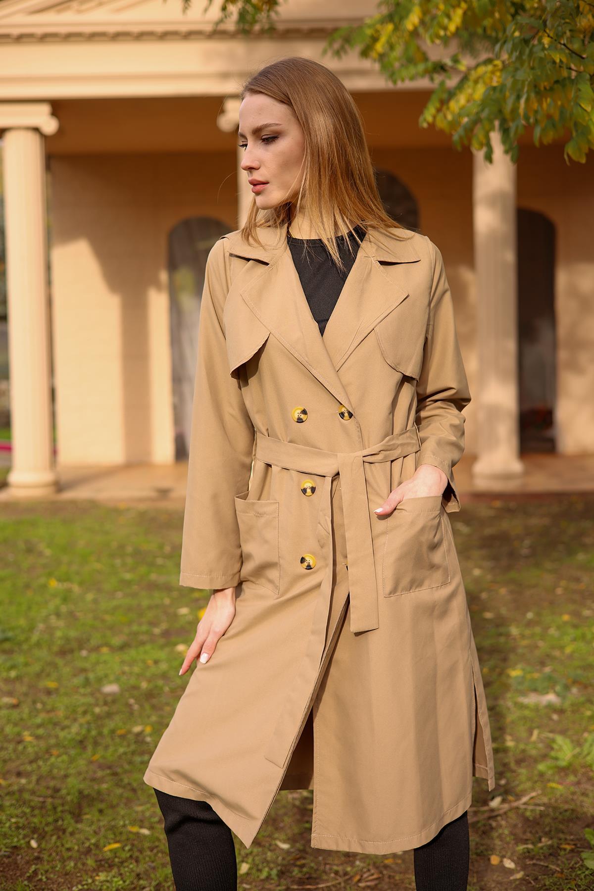 7318A Cepli Kemerli Trençkot Vizon - 4