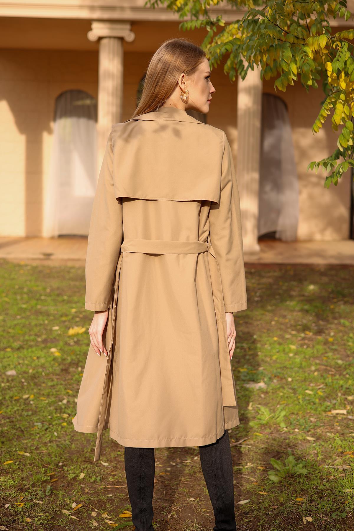 7318A Cepli Kemerli Trençkot Vizon - 7