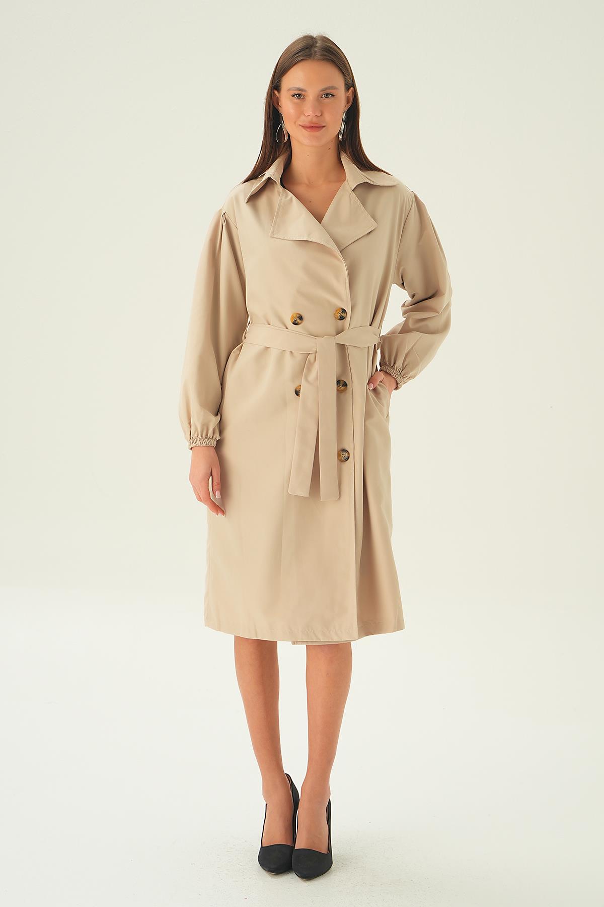 7319A Balon Kol Düğmeli Trençkot Bej - 2