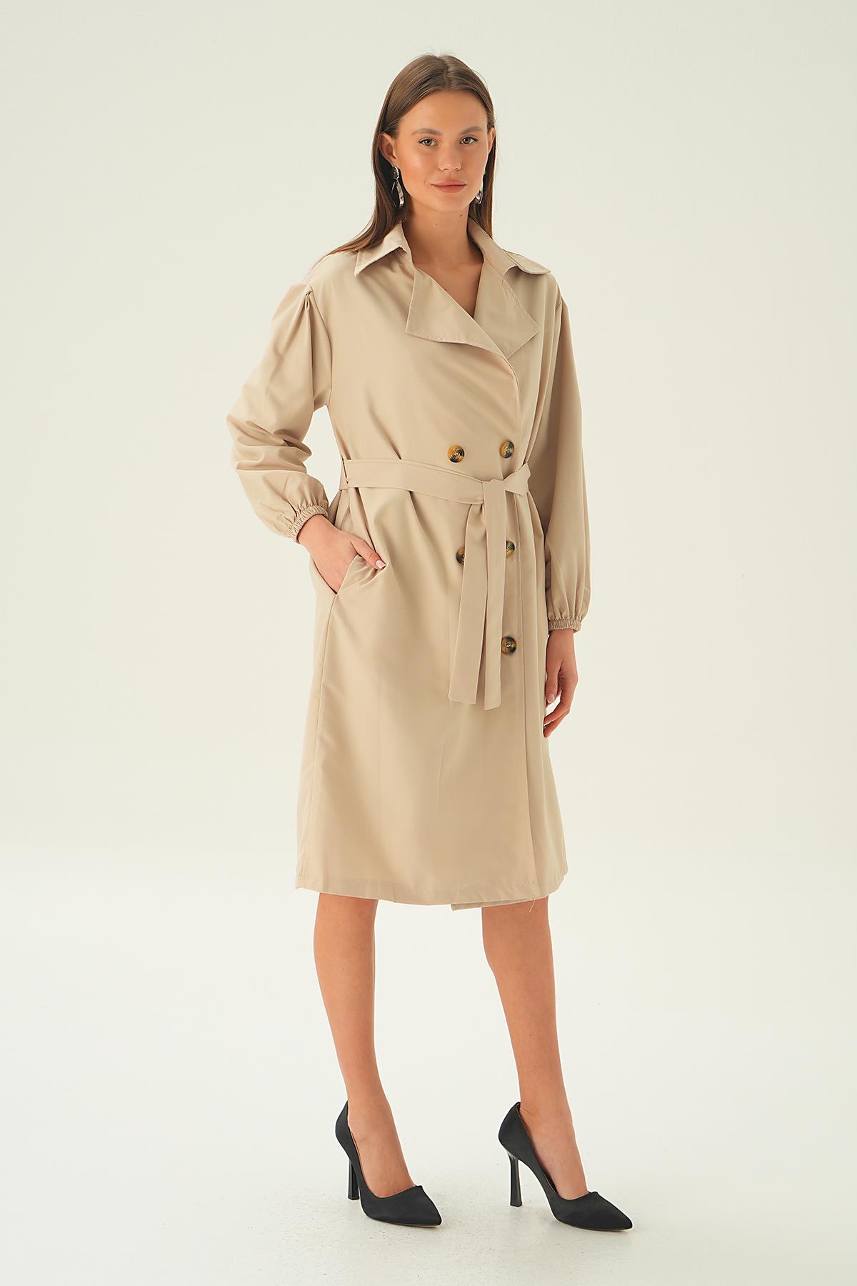 7319A Balon Kol Düğmeli Trençkot Bej - 4