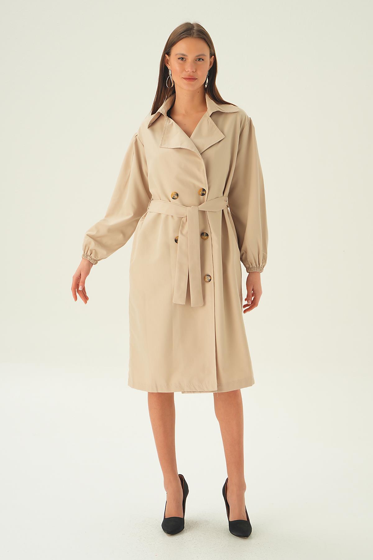 Bej Balon Kol Düğmeli Trençkot 7319A - 1