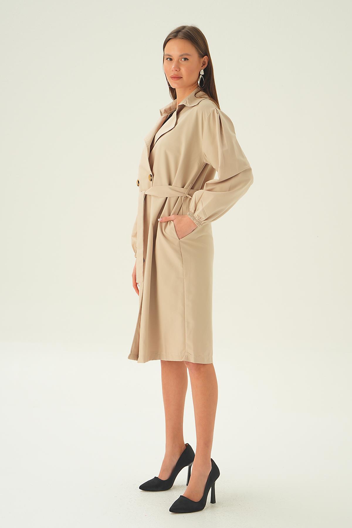 Bej Balon Kol Düğmeli Trençkot 7319A - 3