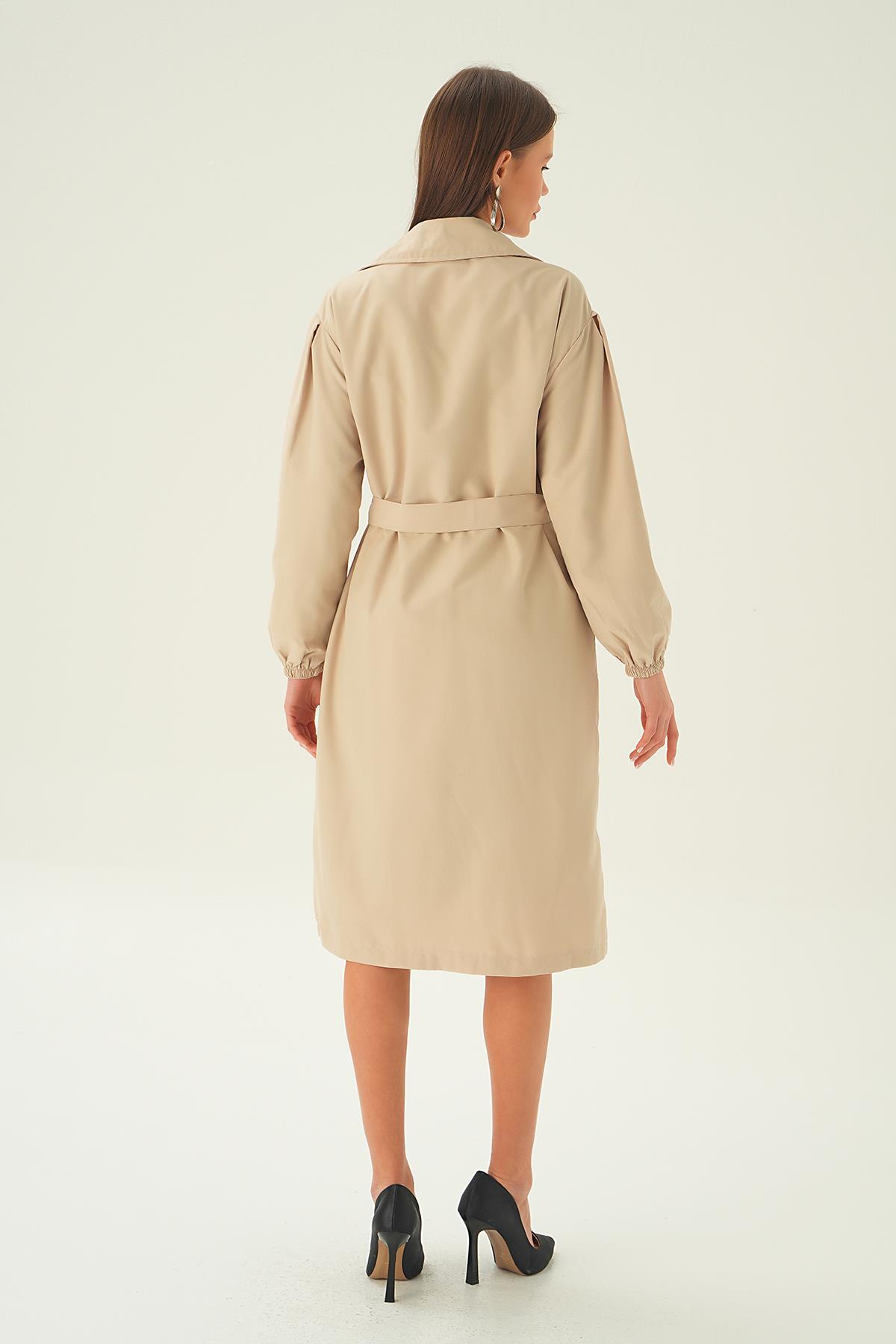 Bej Balon Kol Düğmeli Trençkot 7319A - 5