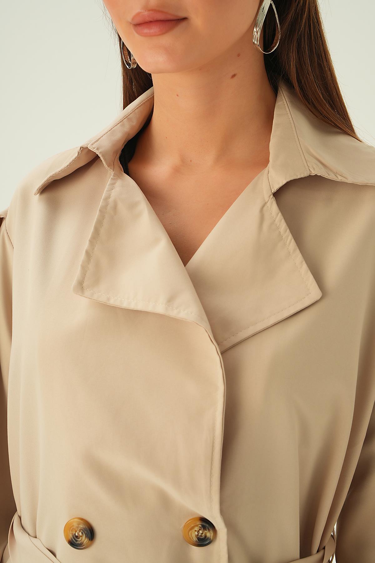 Bej Balon Kol Düğmeli Trençkot 7319A - 6