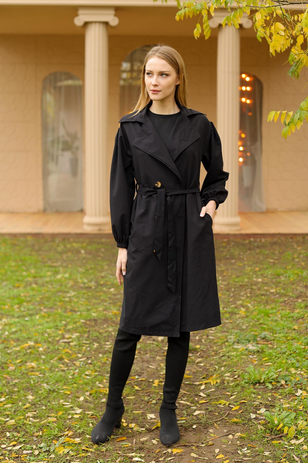 7319A Balon Kol Düğmeli Trençkot Siyah - 1