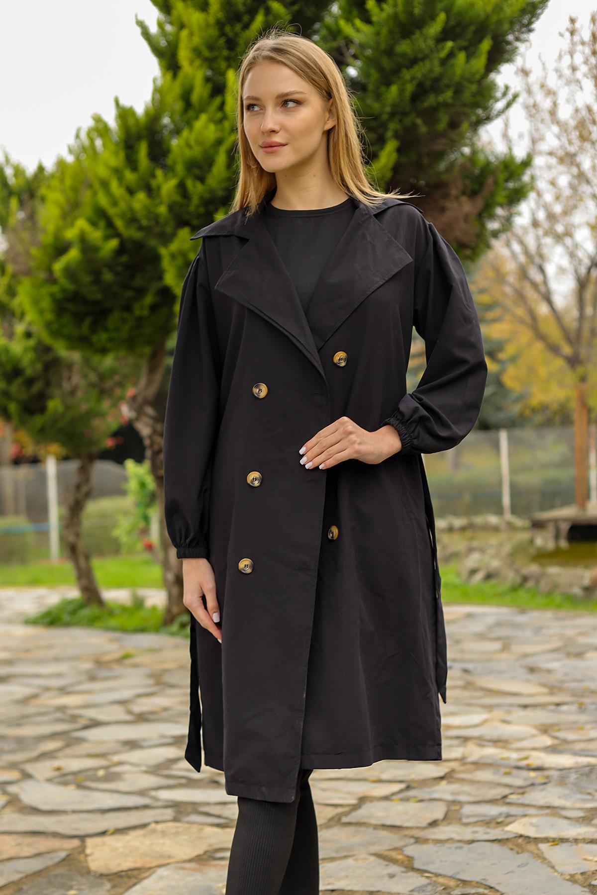 7319A Balon Kol Düğmeli Trençkot Siyah - 6