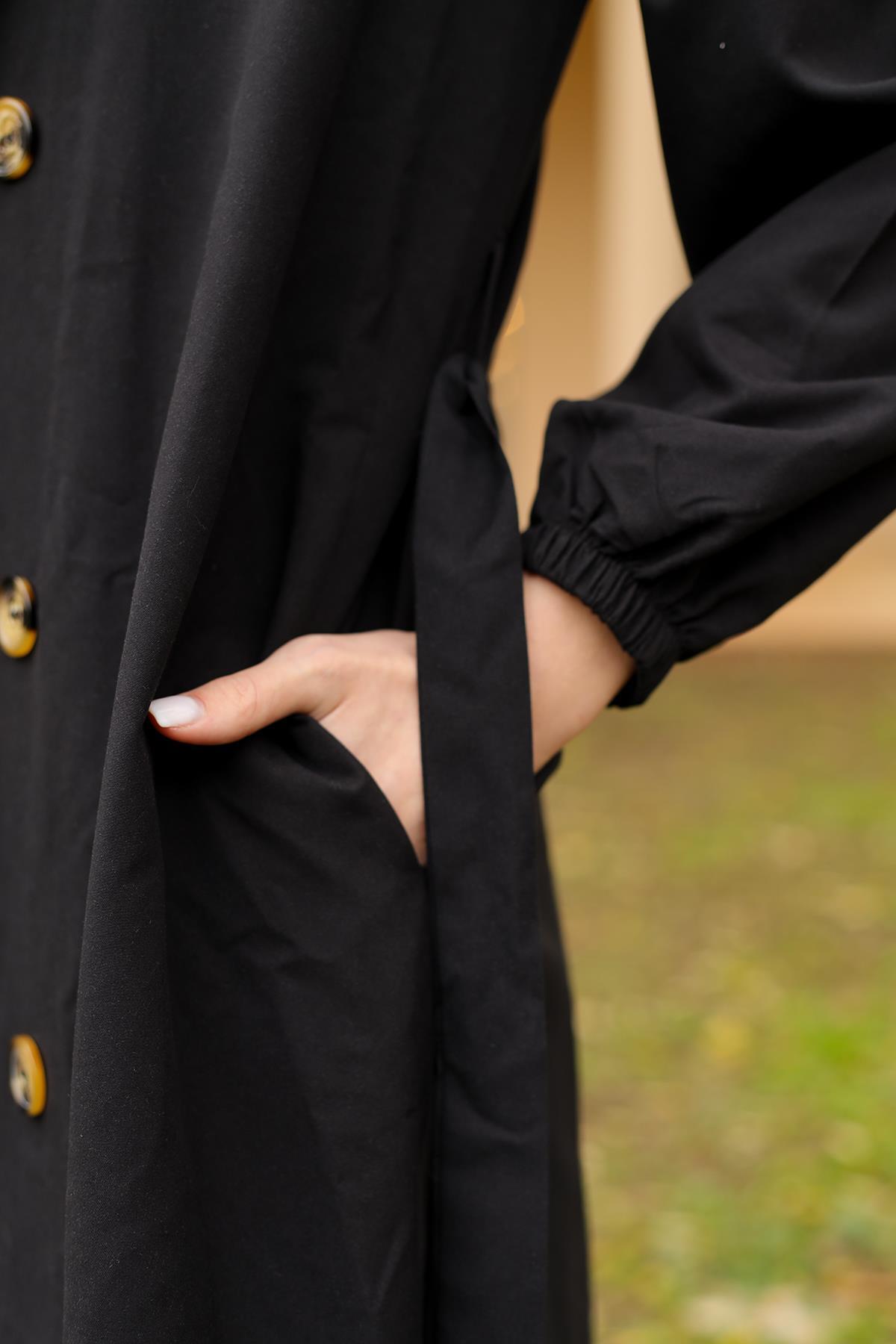 Siyah Balon Kol Düğmeli Trençkot 7319A - 2