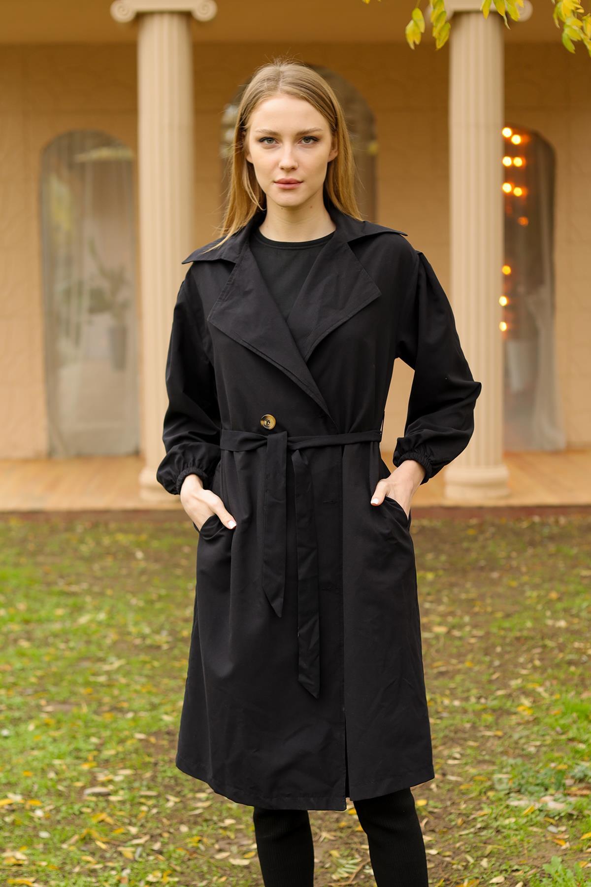 Siyah Balon Kol Düğmeli Trençkot 7319A - 3