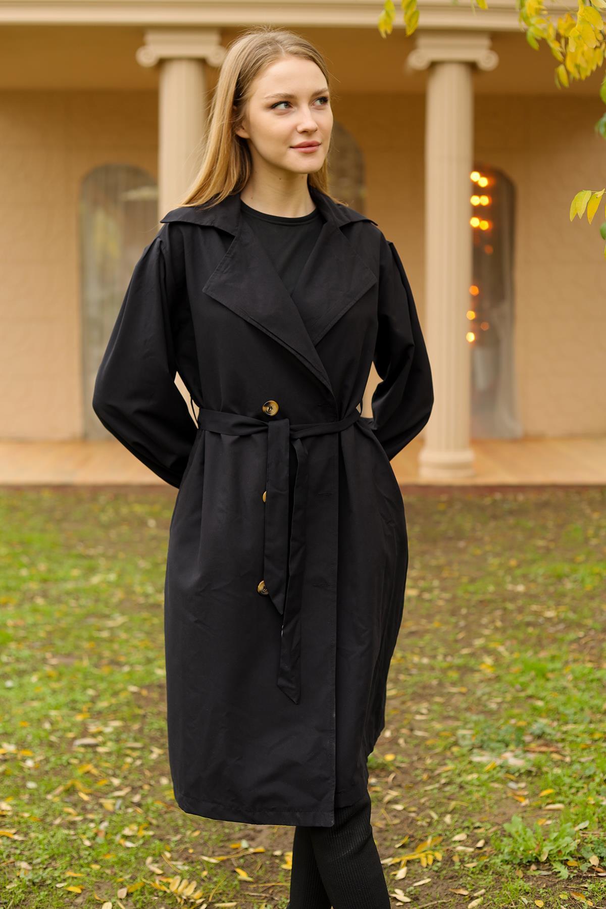 Siyah Balon Kol Düğmeli Trençkot 7319A - 4