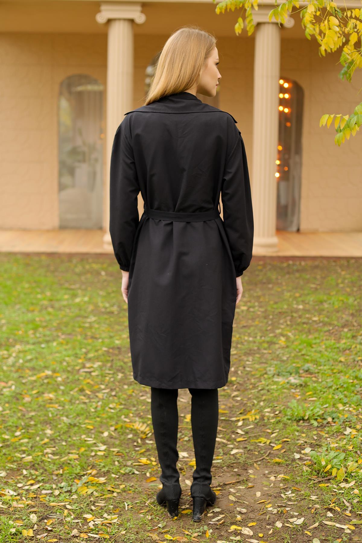 Siyah Balon Kol Düğmeli Trençkot 7319A - 5