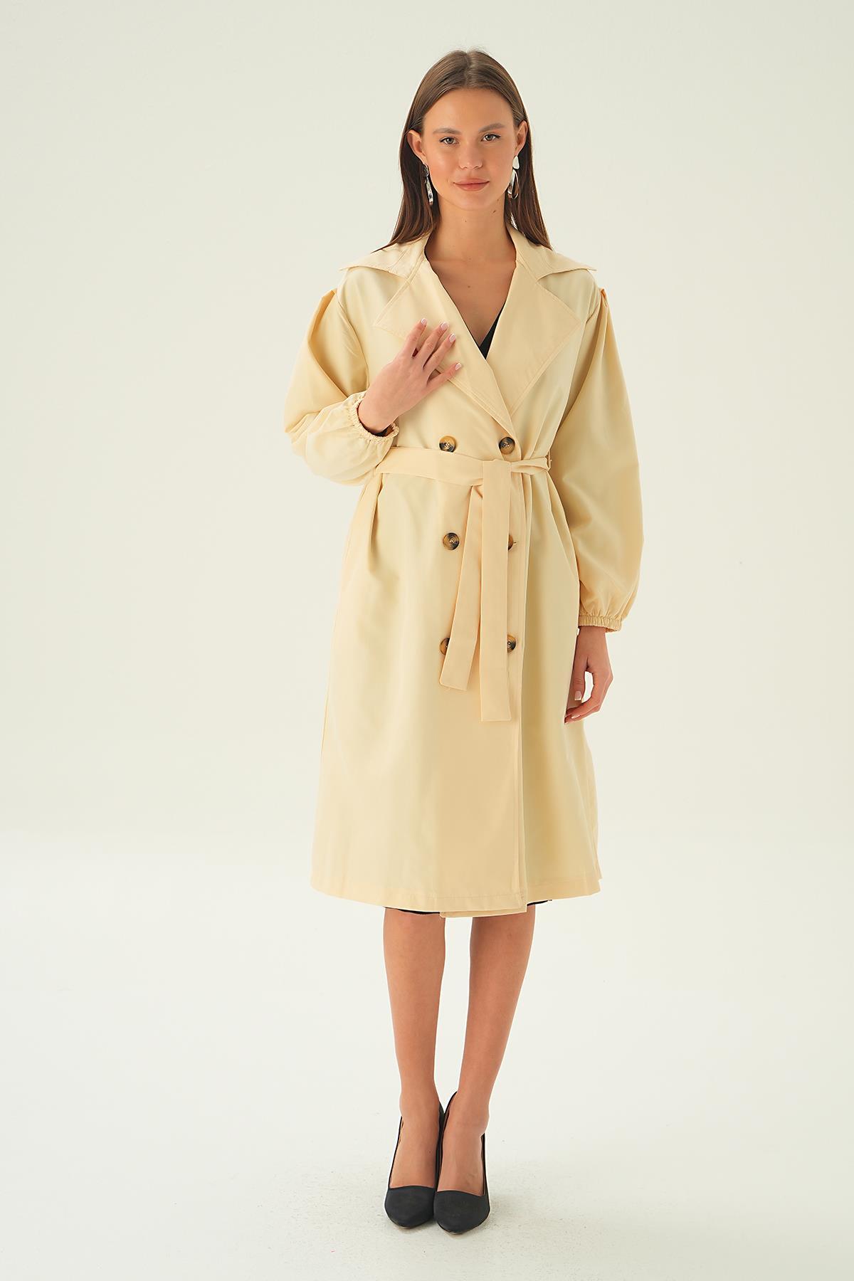 7319A Balon Kol Düğmeli Trençkot Taş 