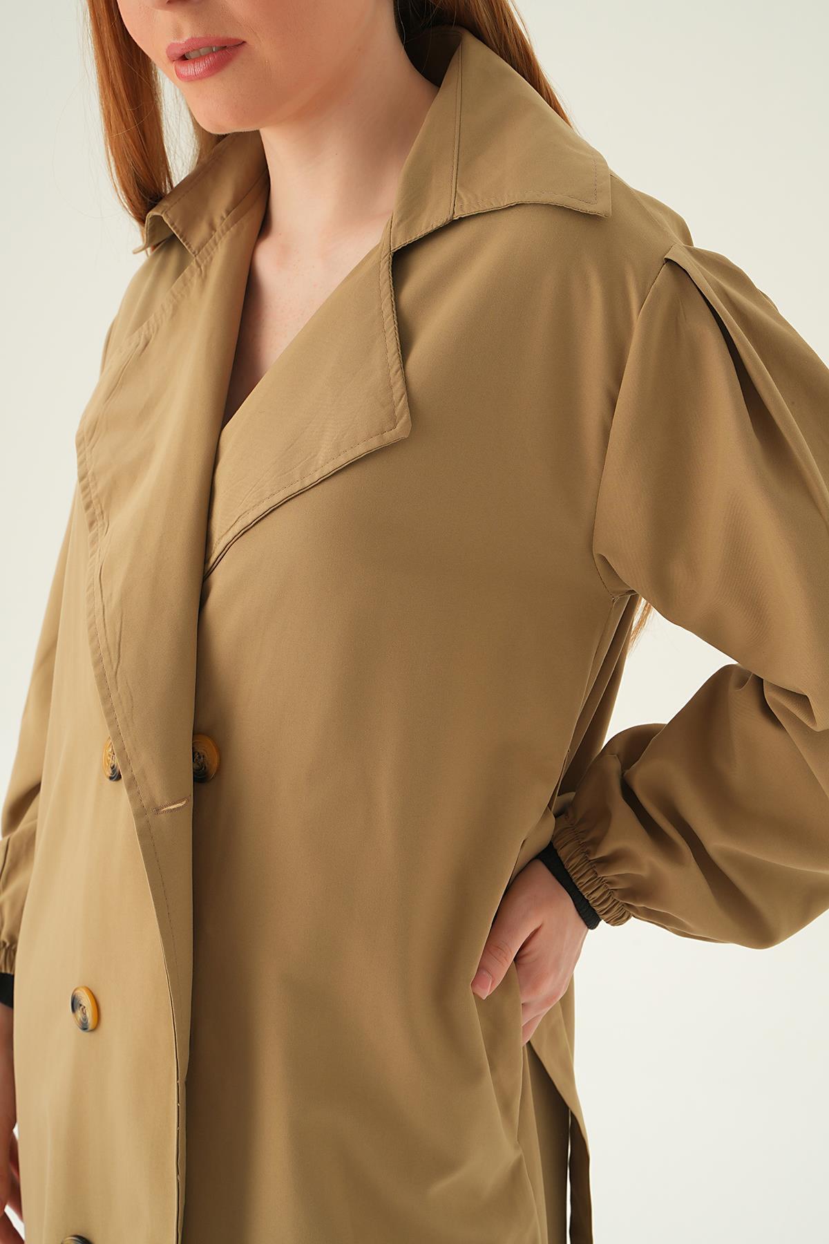 7319A Balon Kol Düğmeli Trençkot Vizon - 2