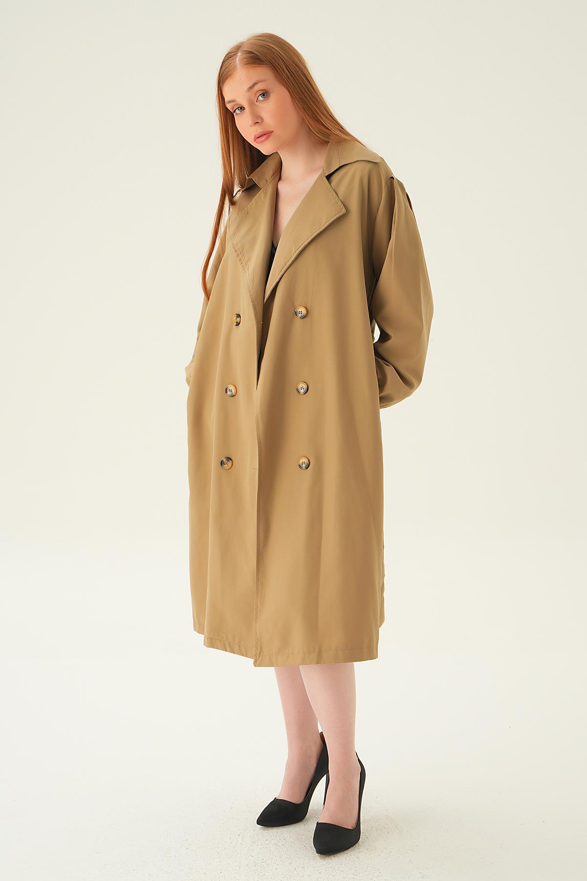 7319A Balon Kol Düğmeli Trençkot Vizon 