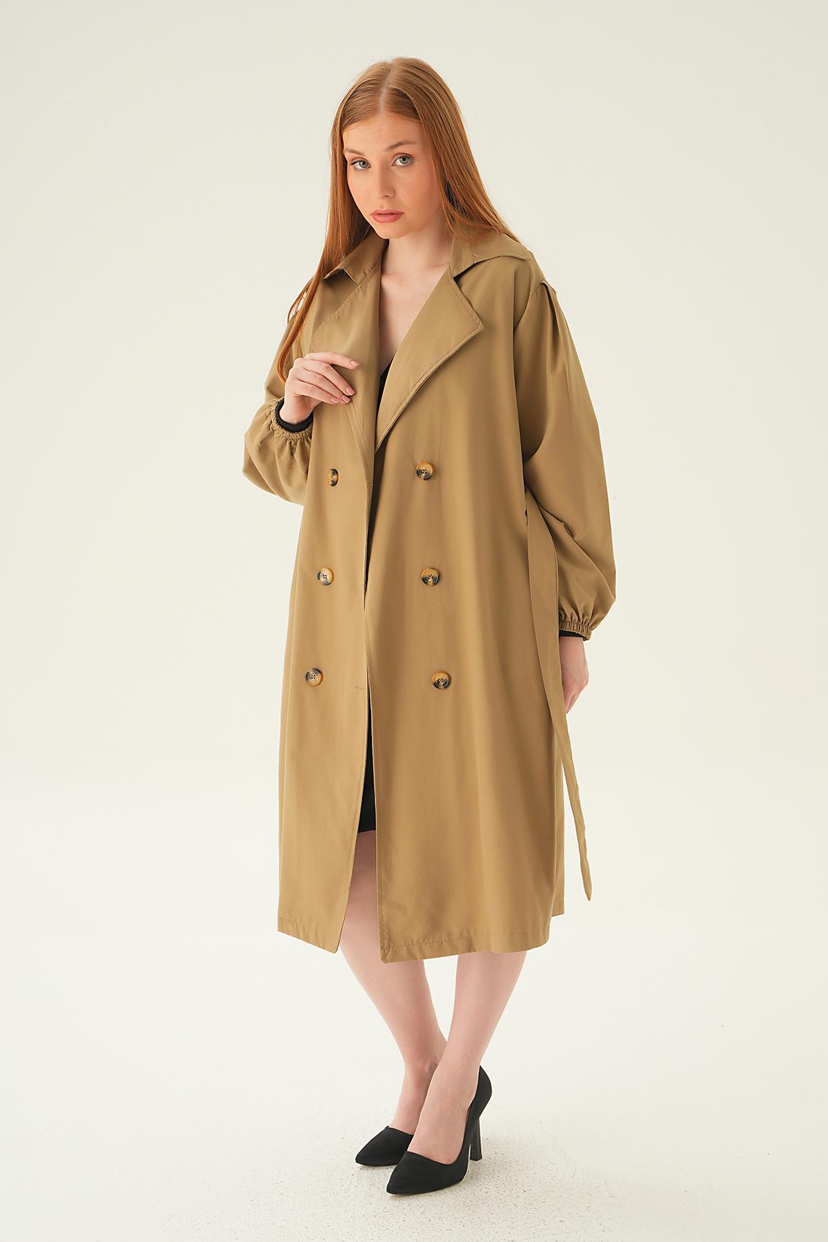 7319A Balon Kol Düğmeli Trençkot Vizon - 3