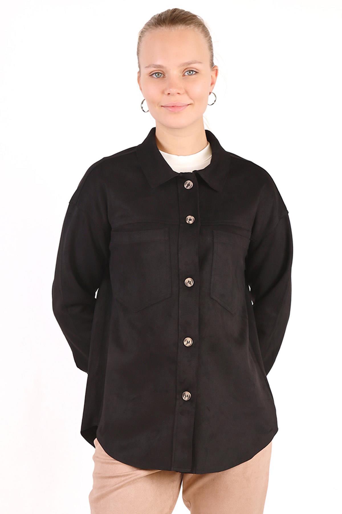 Siyah Spor Dikiş Cep Detay Süet Gömlek 7325A 