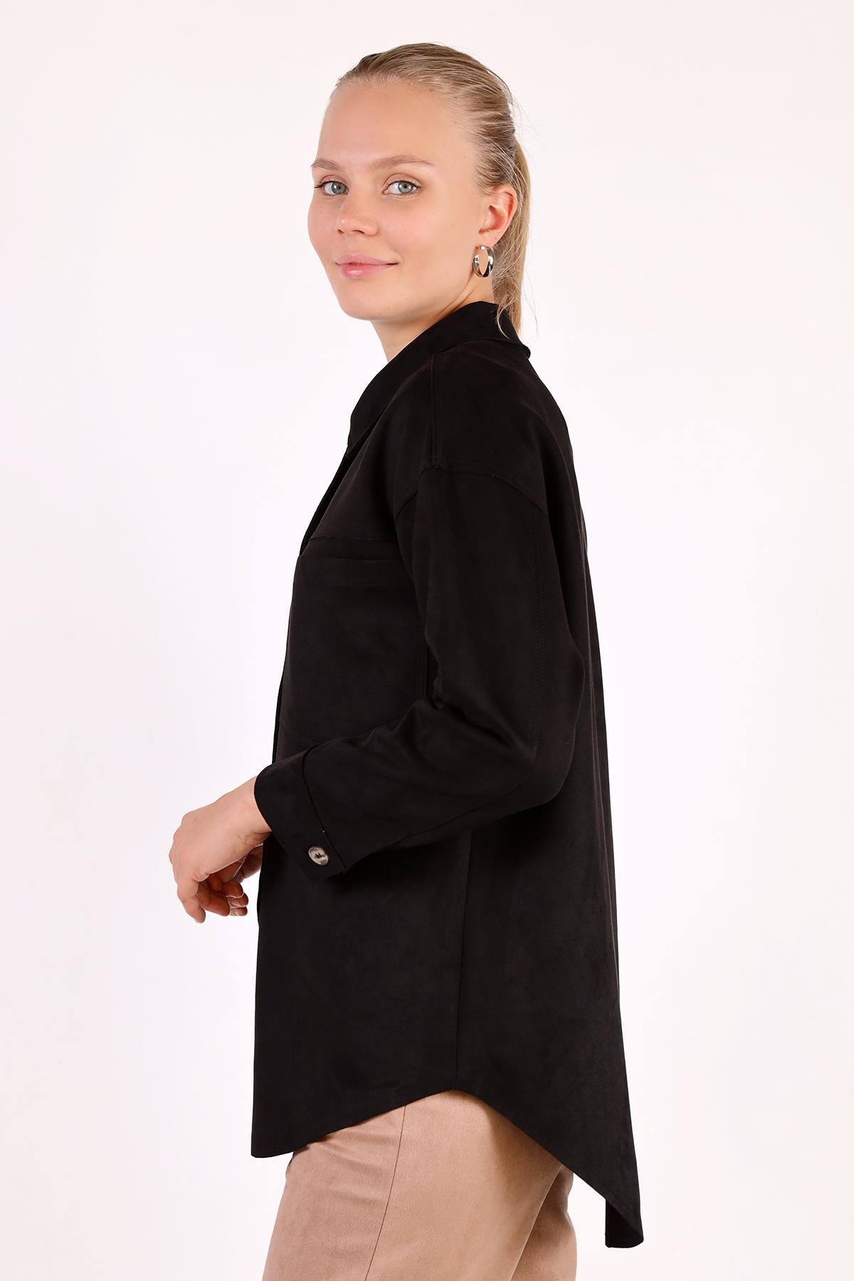 Siyah Spor Dikiş Cep Detay Süet Gömlek 7325A - 4
