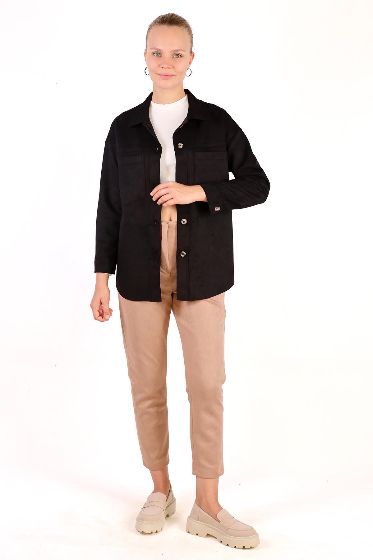 Siyah Spor Dikiş Cep Detay Süet Gömlek 7325A - 8