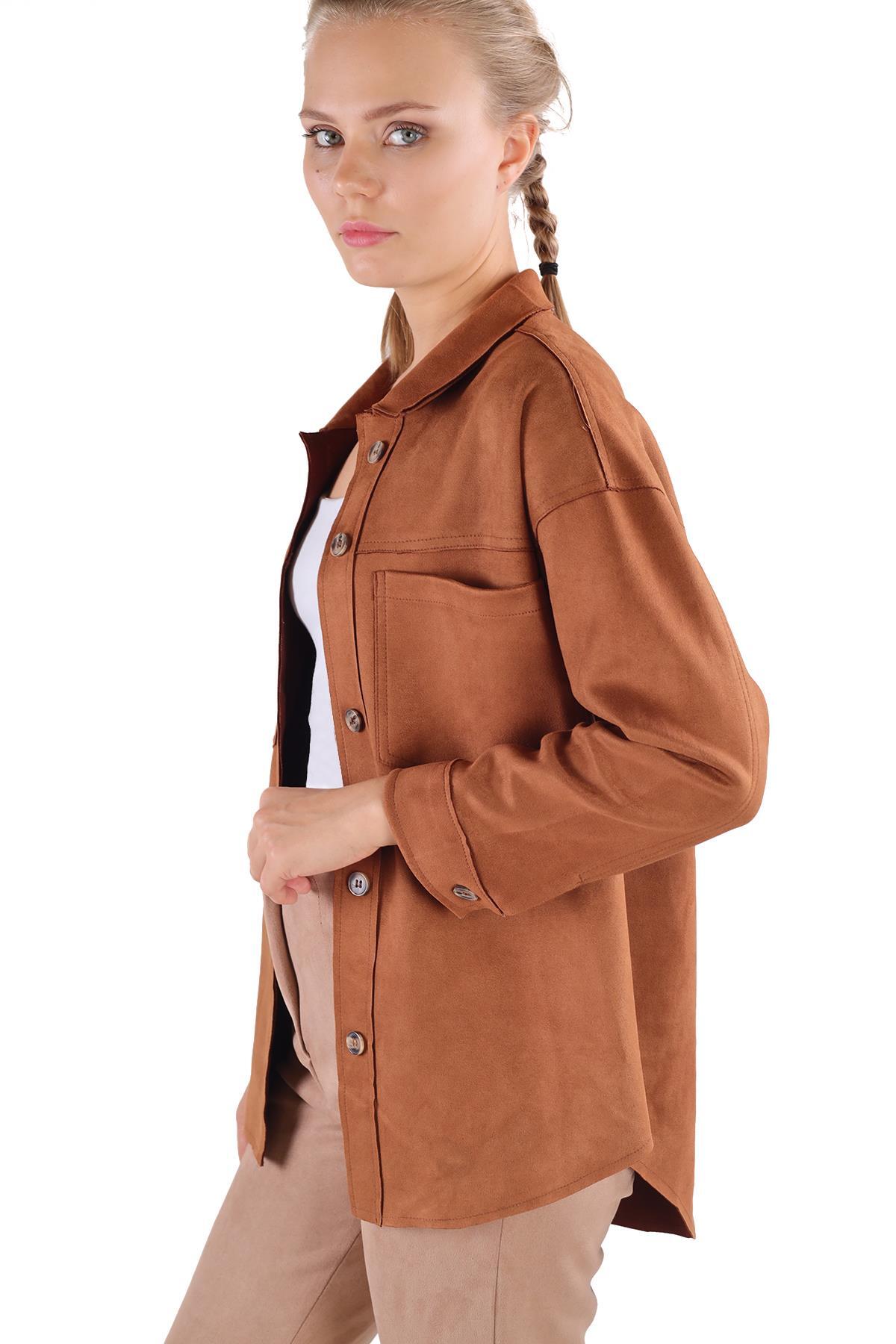 Spor Dikiş Cep Detay Süet Gömlek 7325A Taba - 6