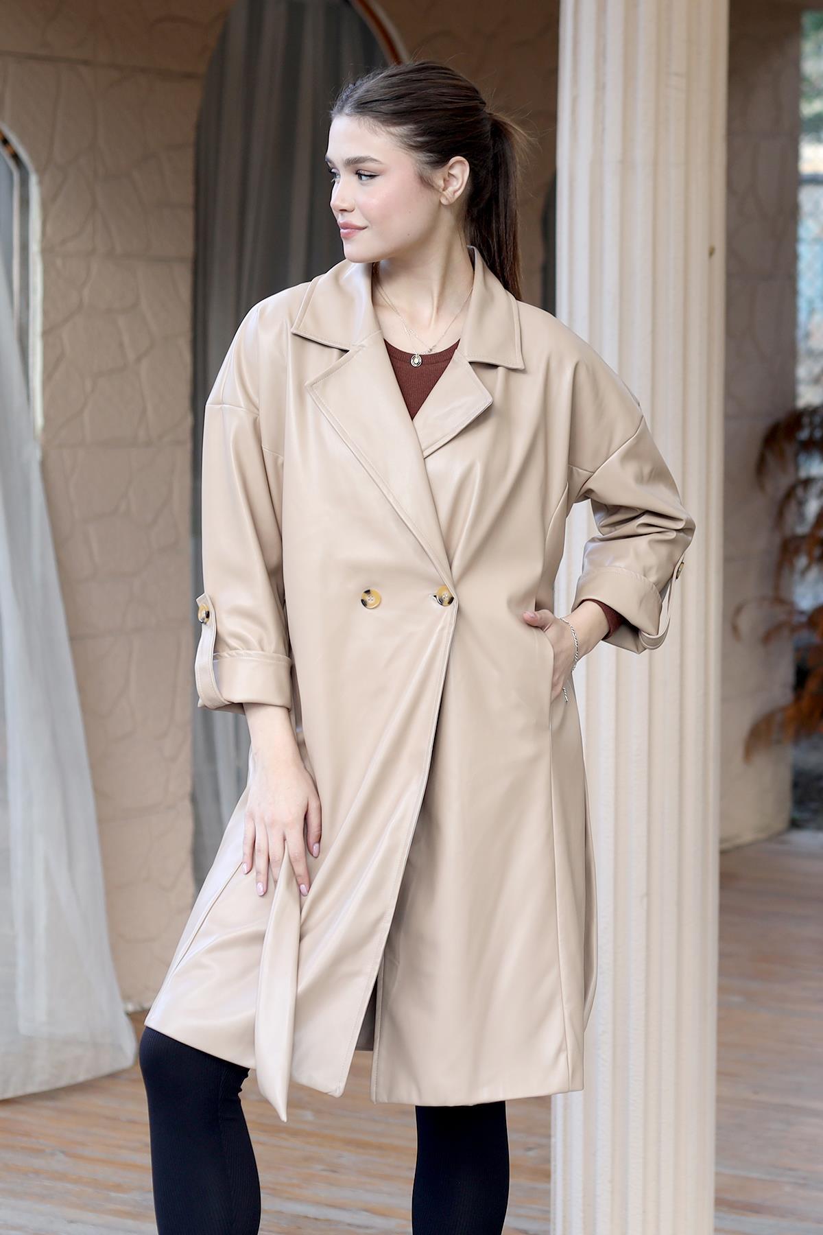 7327A Düğme Detay Kemerli Suni Deri Trençkot Camel - 1