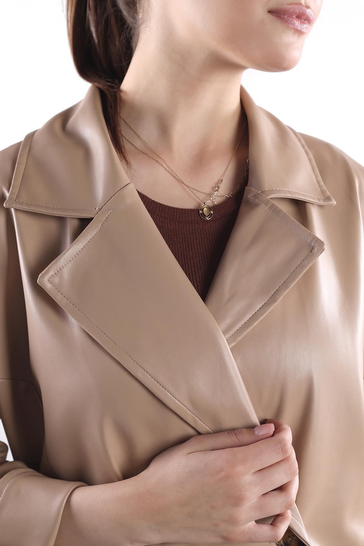 7327A Düğme Detay Kemerli Suni Deri Trençkot Camel - 7