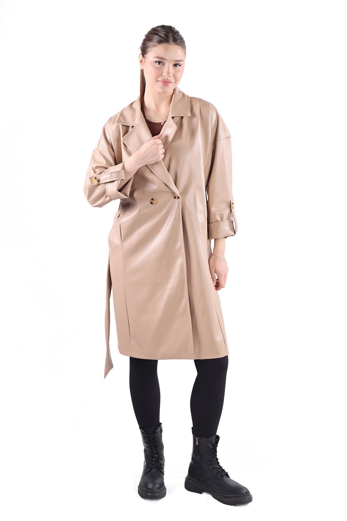 7327A Düğme Detay Kemerli Suni Deri Trençkot Camel - 6