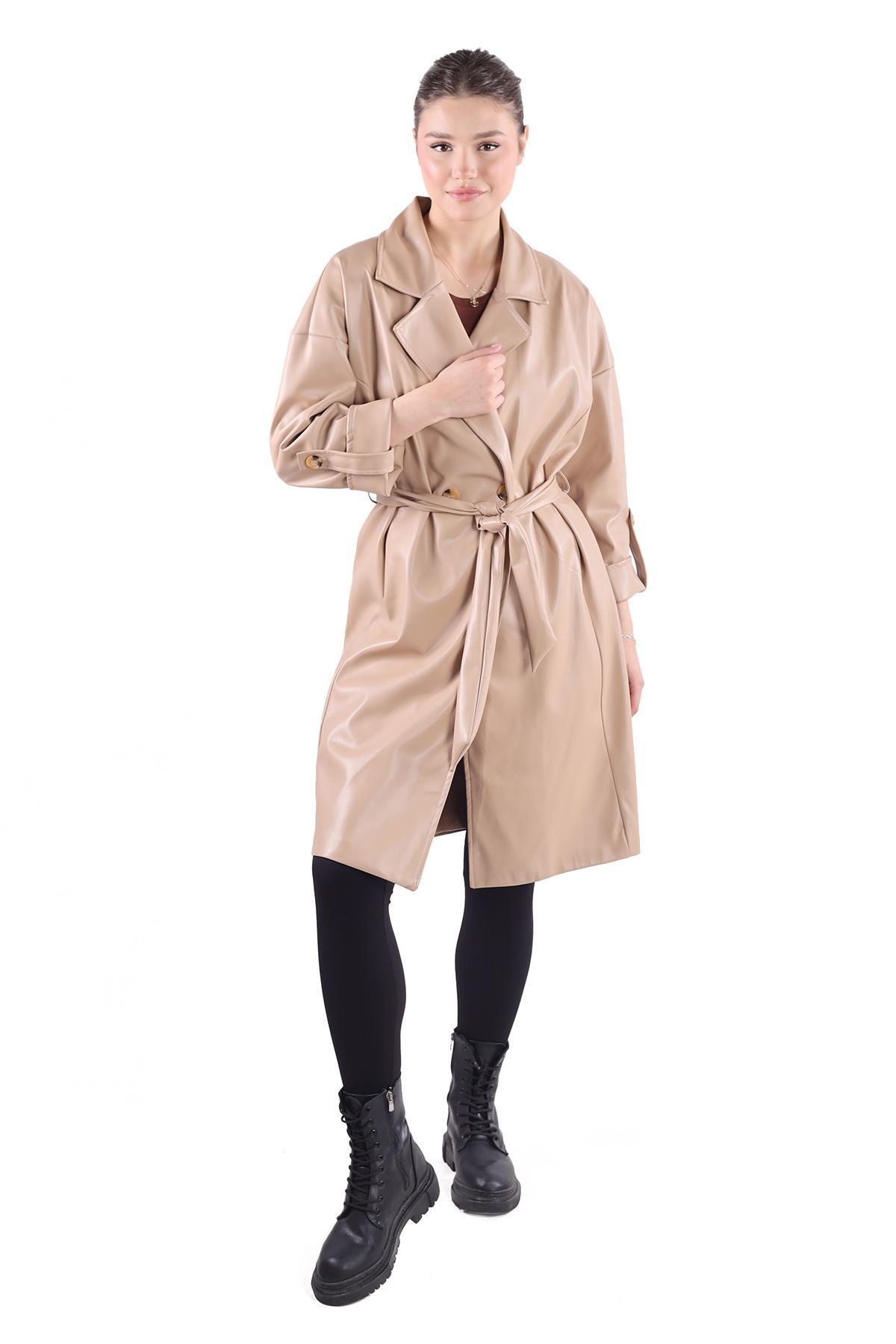 Camel Düğme Detay Kemerli Deri Trençkot 7327A - RAYS
