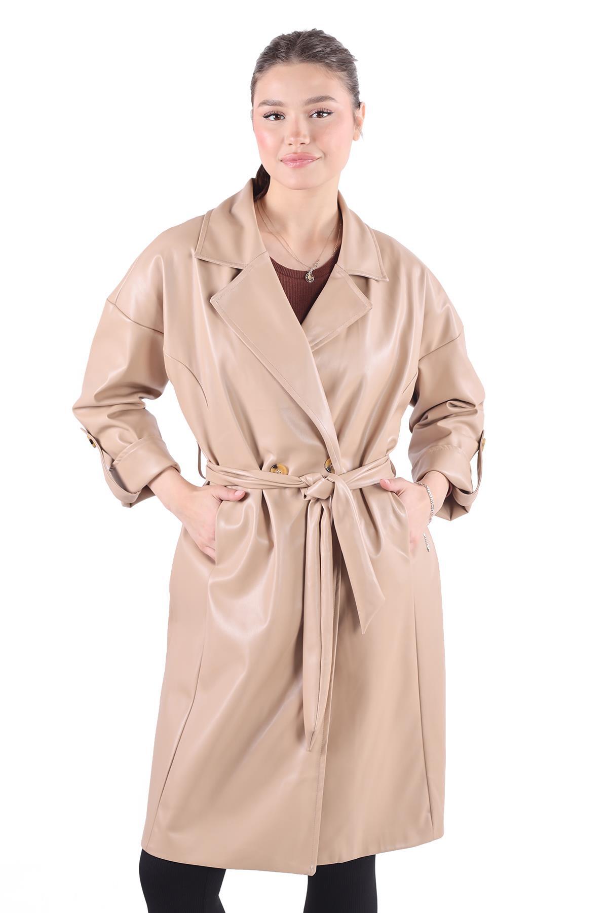 Camel Düğme Detay Kemerli Deri Trençkot 7327A - 4