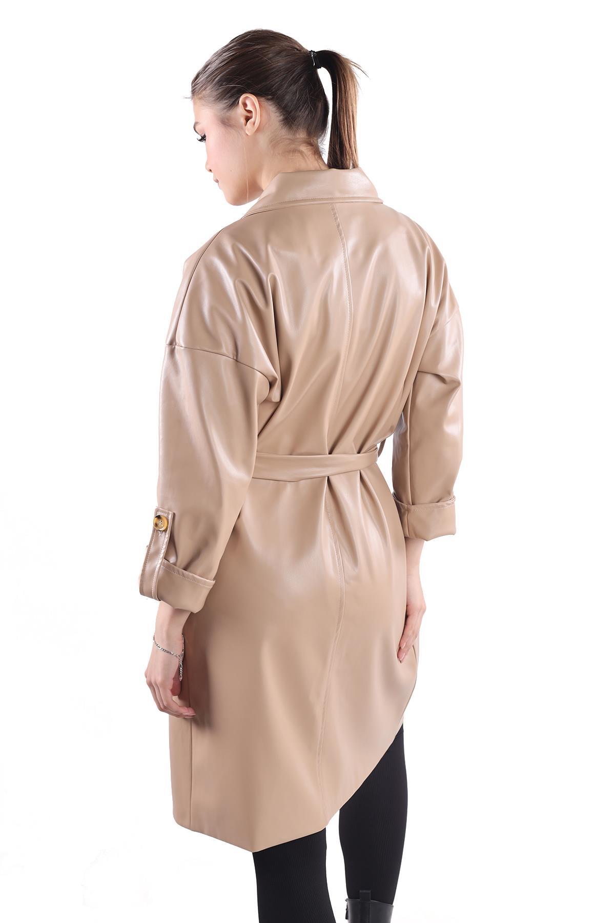 Camel Düğme Detay Kemerli Deri Trençkot 7327A - 5