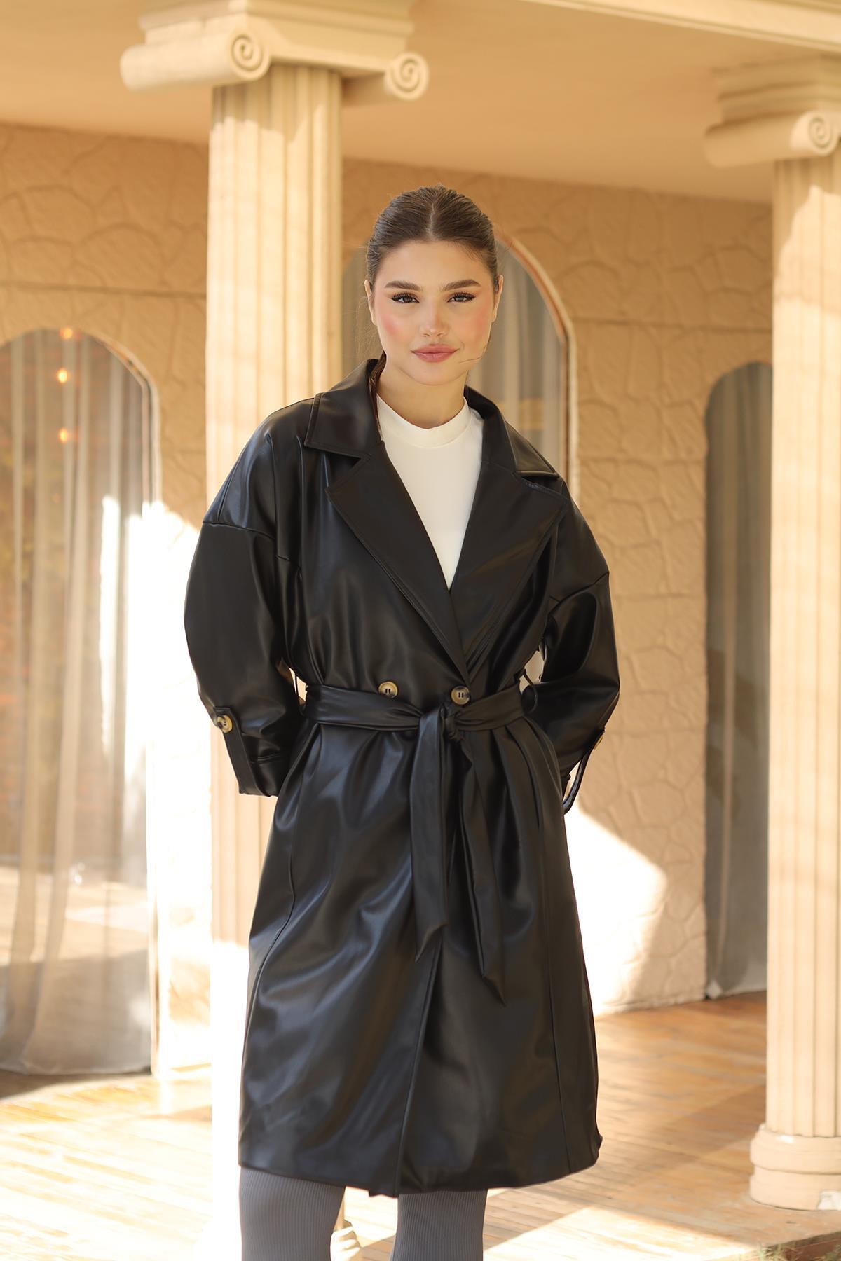 7327A Düğme Detay Kemerli Suni Deri Trençkot Siyah - RAYS (1)