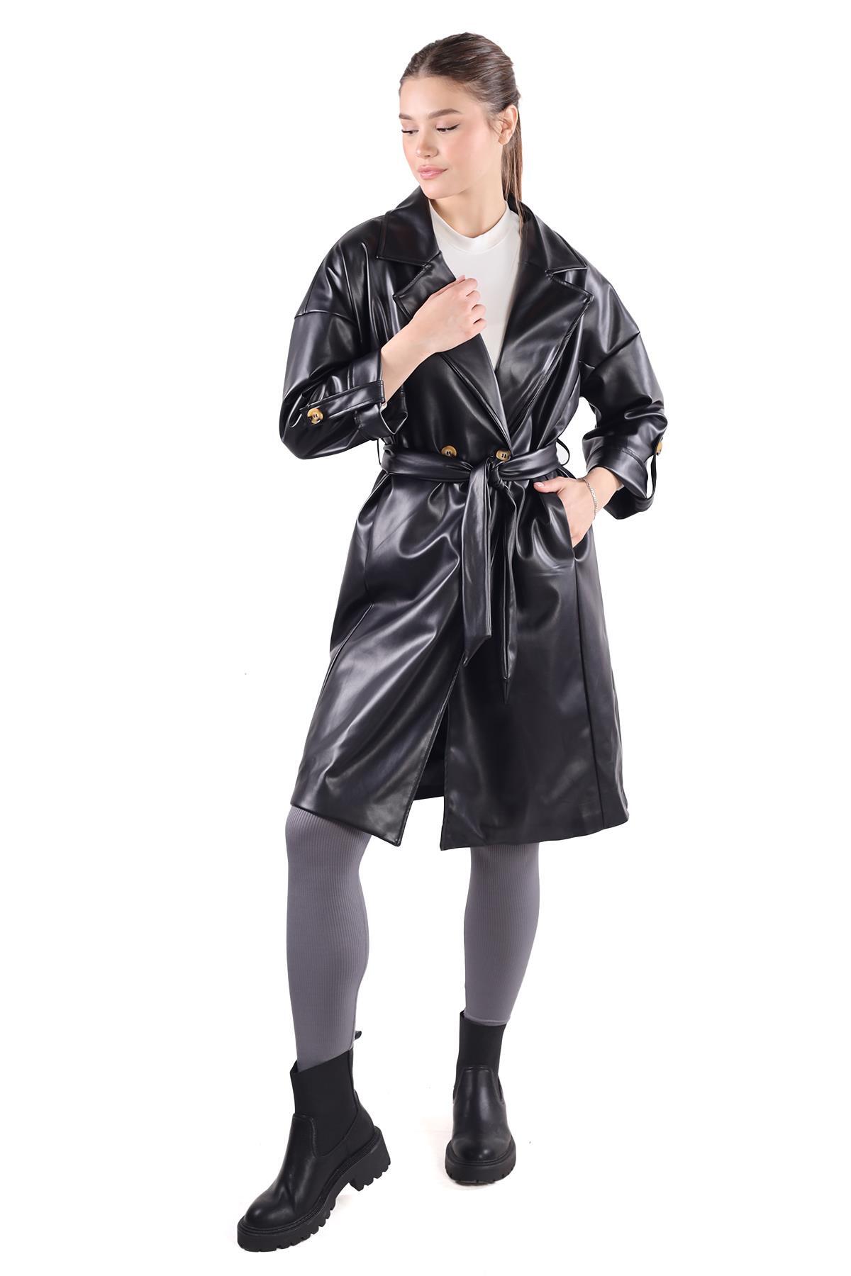 Siyah Düğme Detay Kemerli Deri Trençkot 7327A - 4