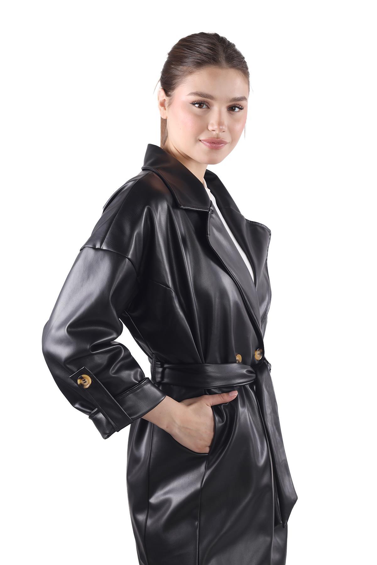 Siyah Düğme Detay Kemerli Deri Trençkot 7327A - 7