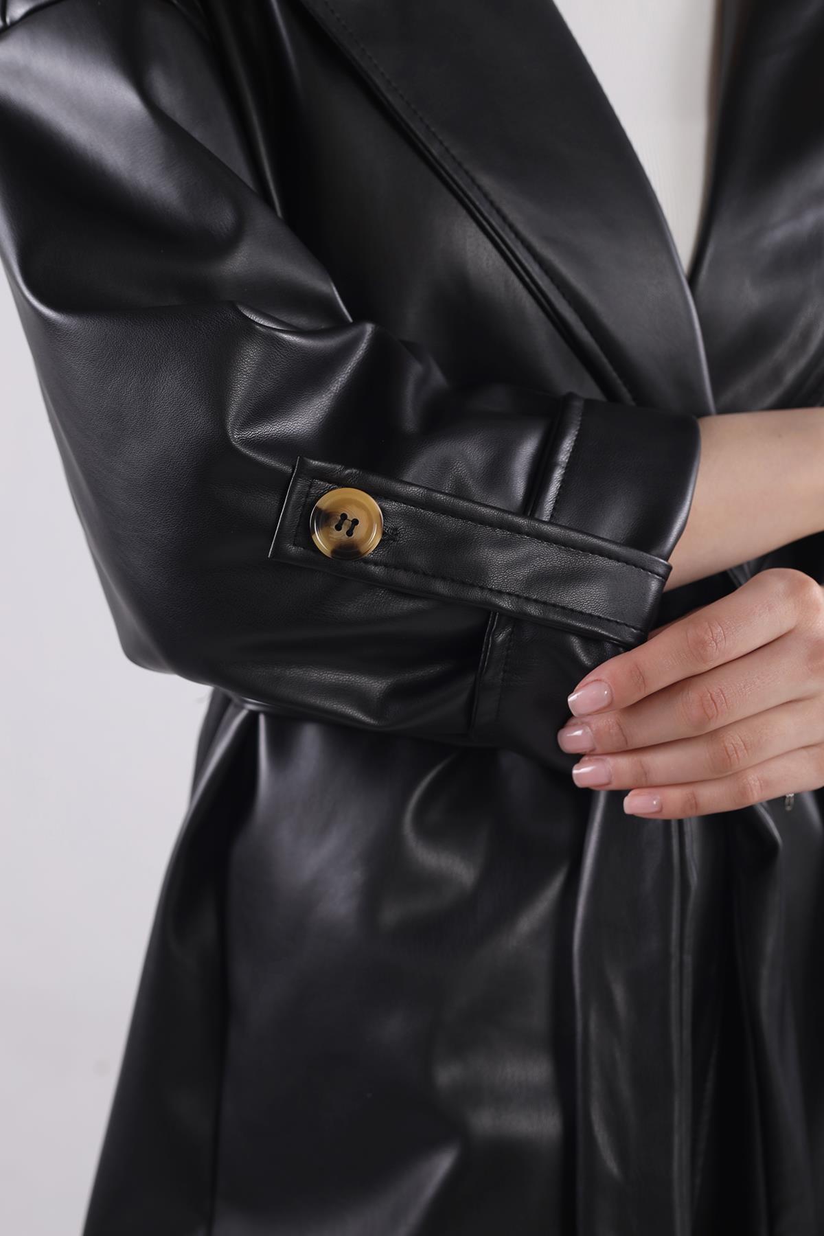 Siyah Düğme Detay Kemerli Deri Trençkot 7327A - 8