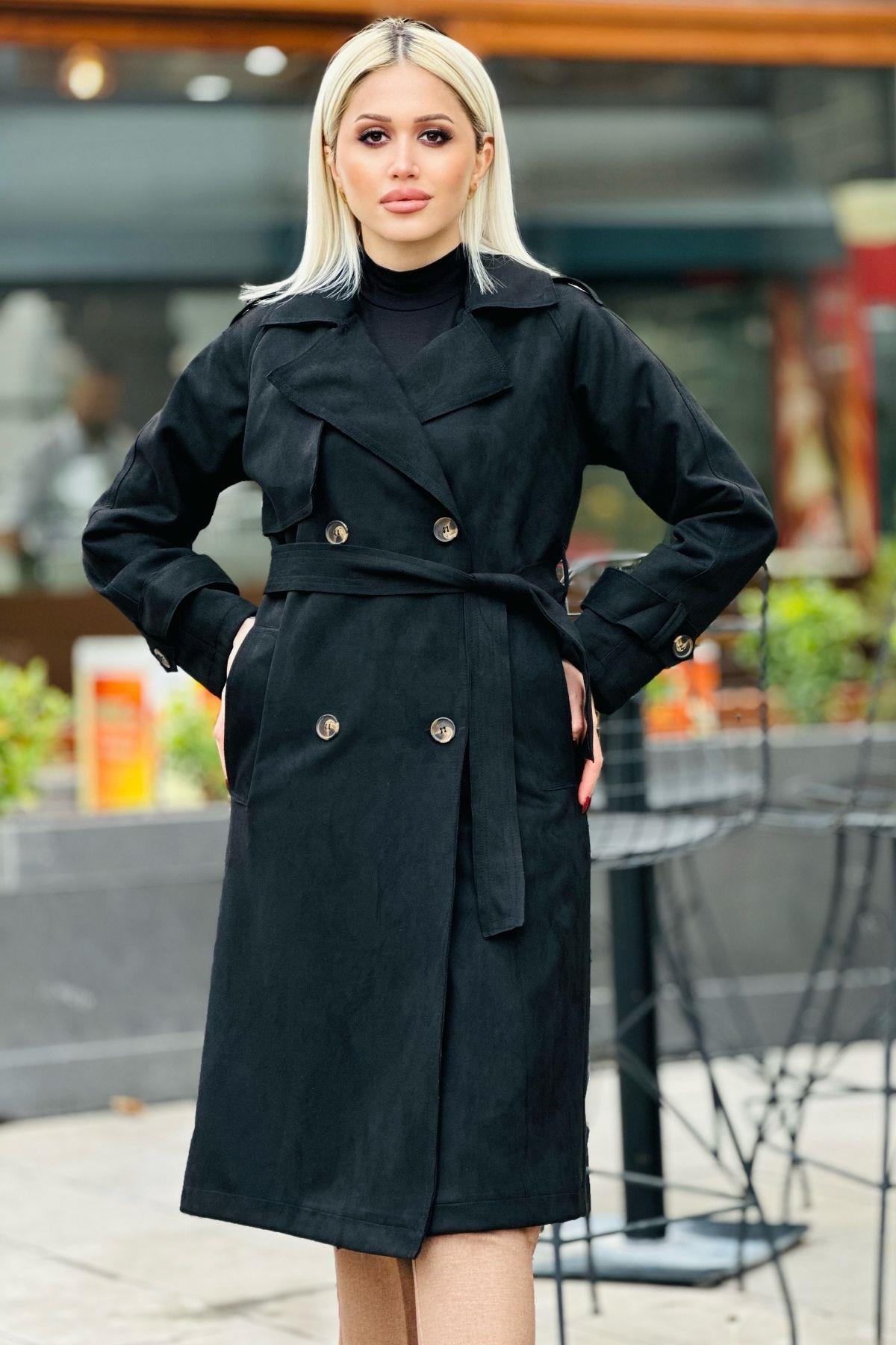 Siyah Parça Detay Düğmeli Trençkot 7328A - 1