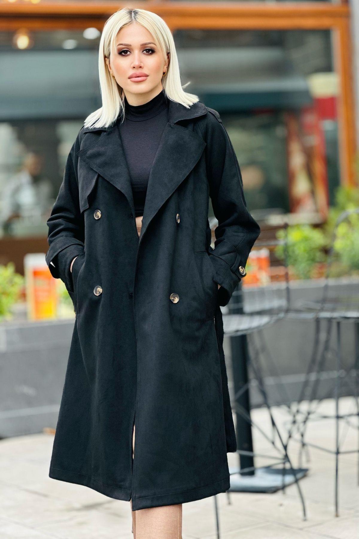 Siyah Parça Detay Düğmeli Trençkot 7328A - 2