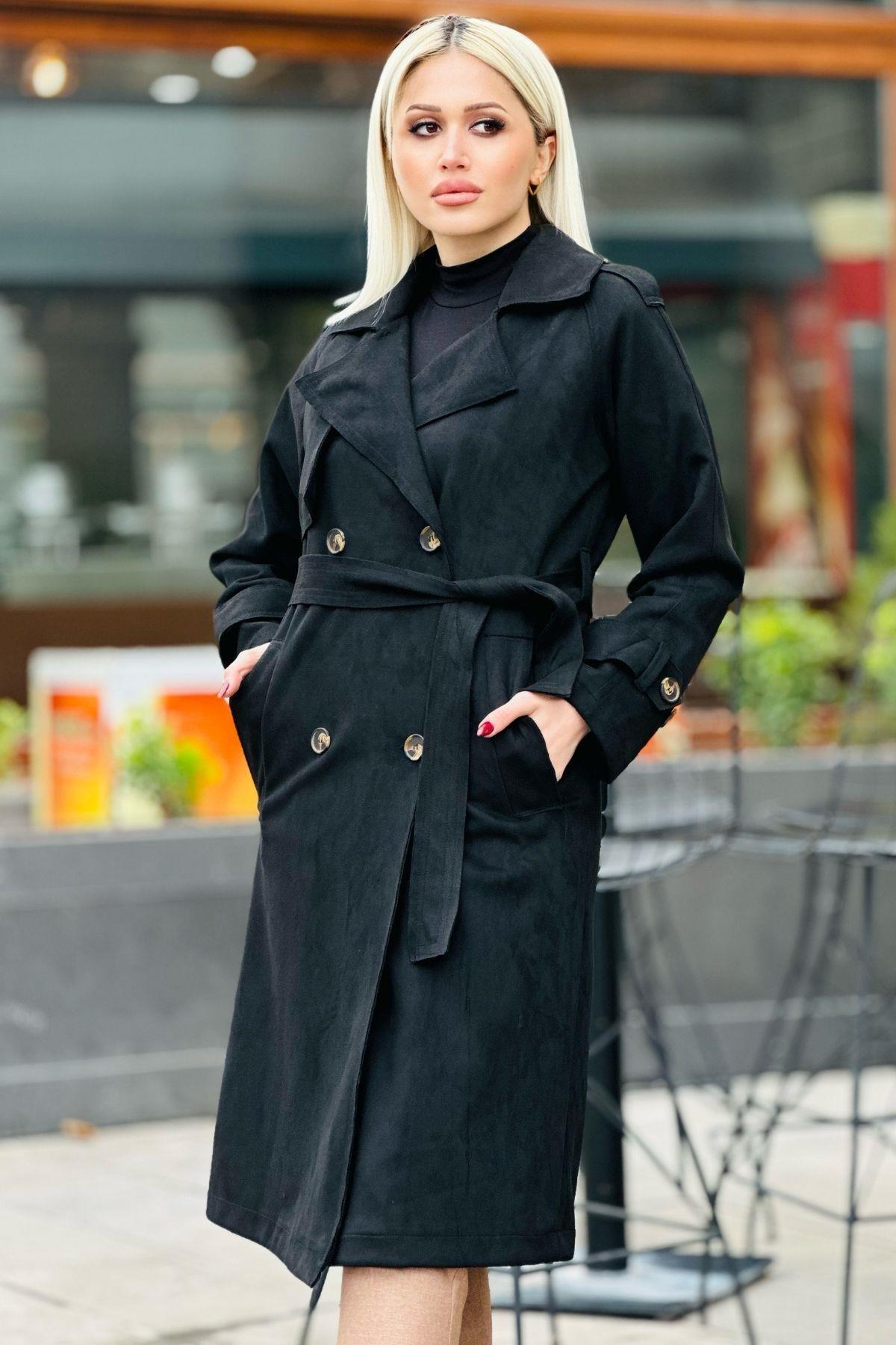 Siyah Parça Detay Düğmeli Trençkot 7328A - 3