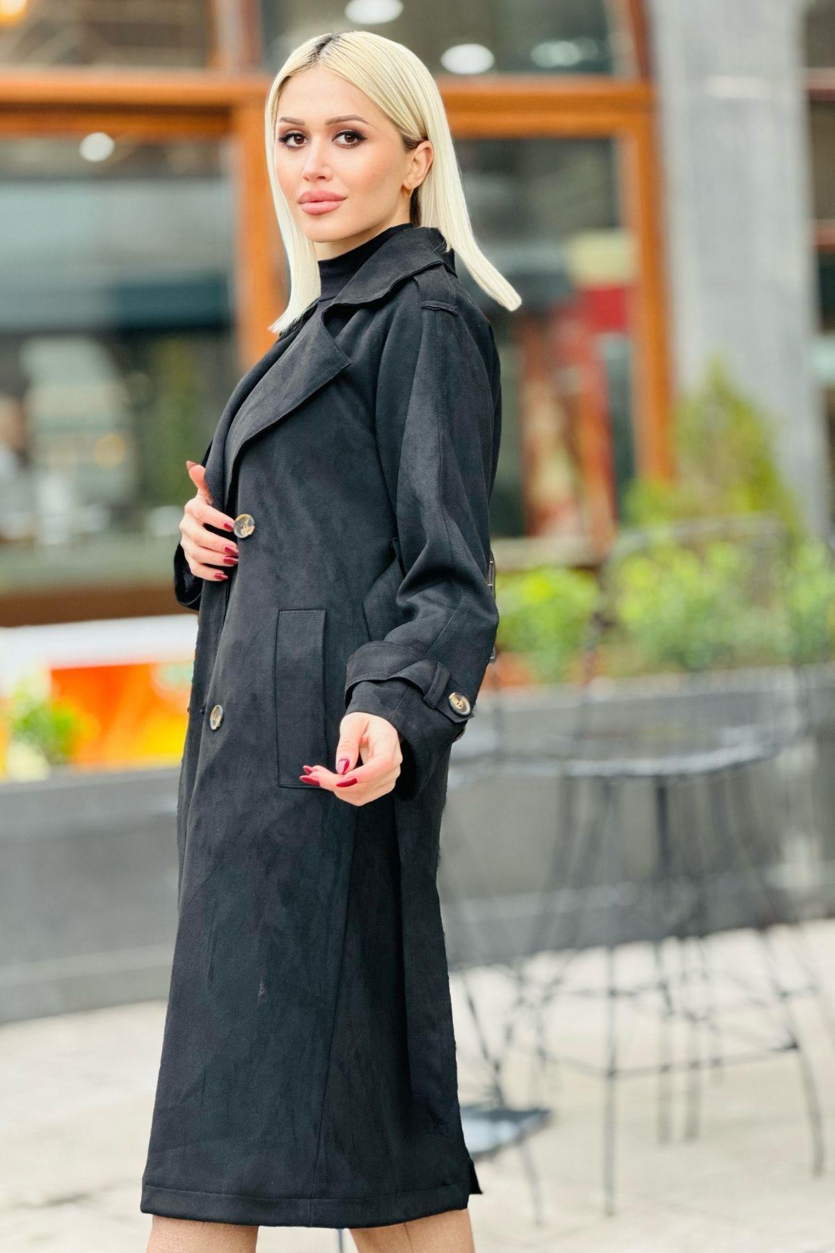 Siyah Parça Detay Düğmeli Trençkot 7328A - 4