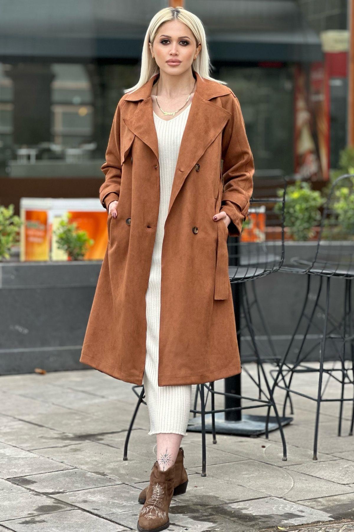 7328A Parça Detay Düğmeli Trençkot Taba - 1